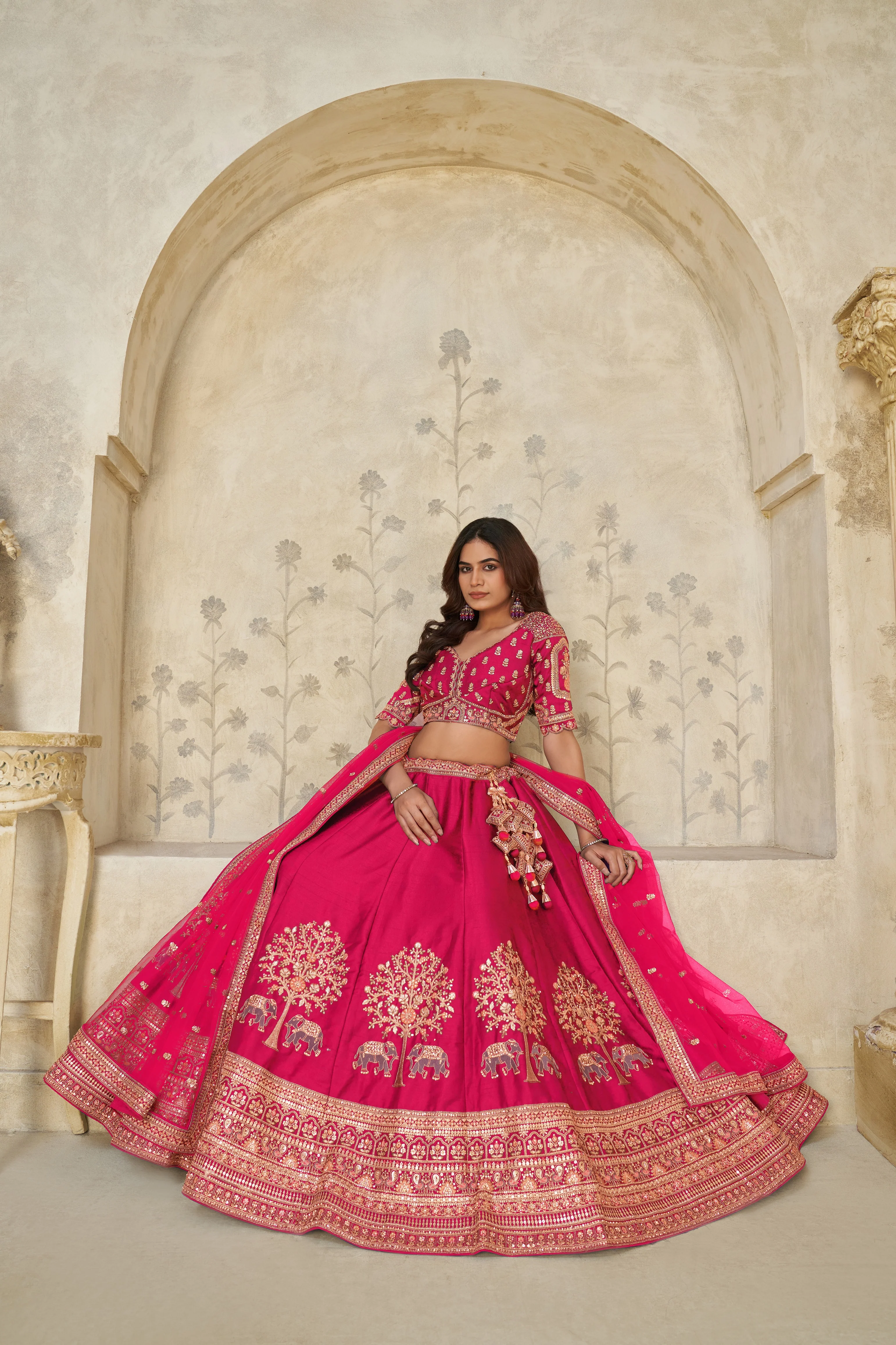 Rani Pink Color Luxury Zari Embroidered Luxury Bridal Lehenga Choli Set - Image 2