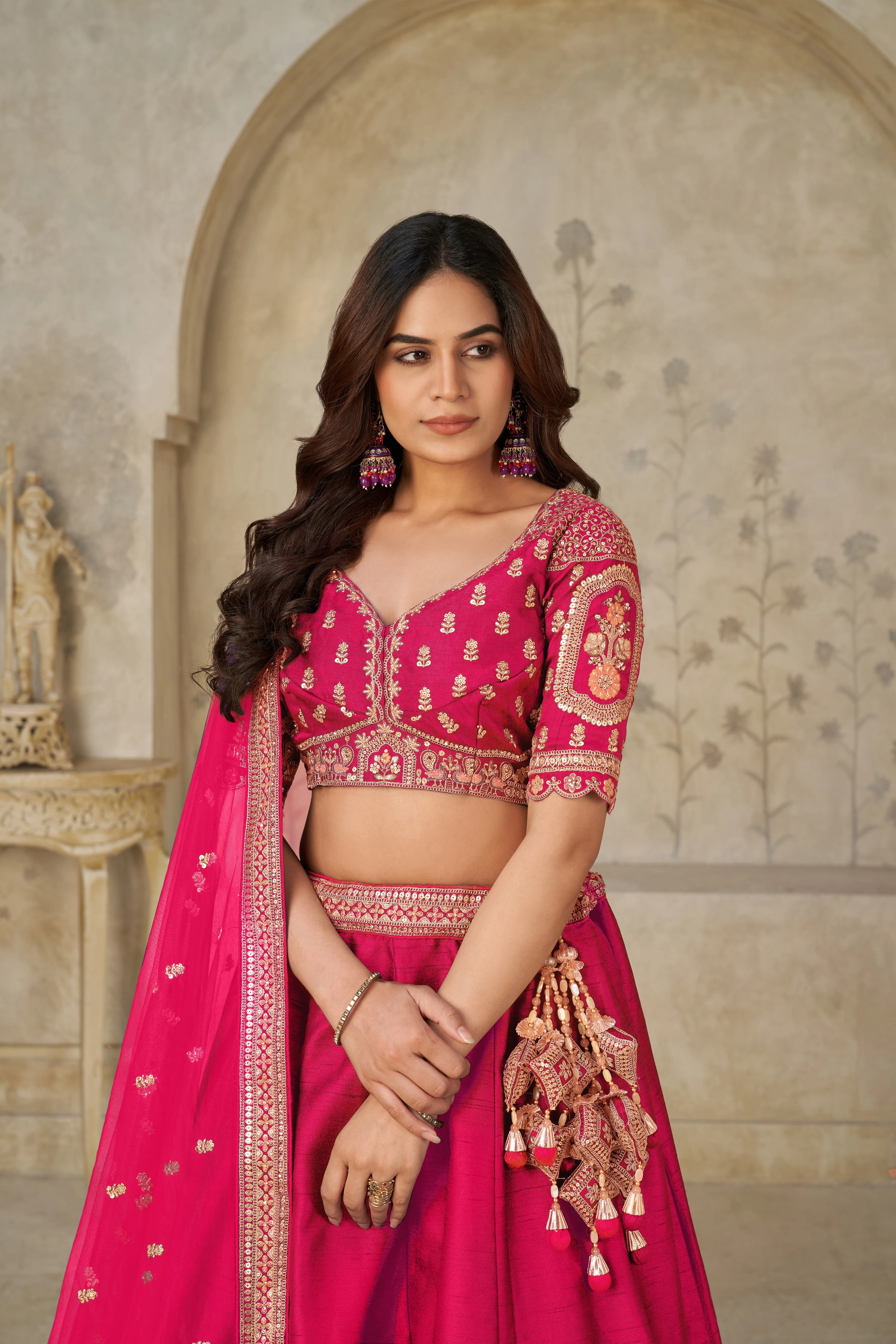 Rani Pink Color Luxury Zari Embroidered Luxury Bridal Lehenga Choli Set - Image 4
