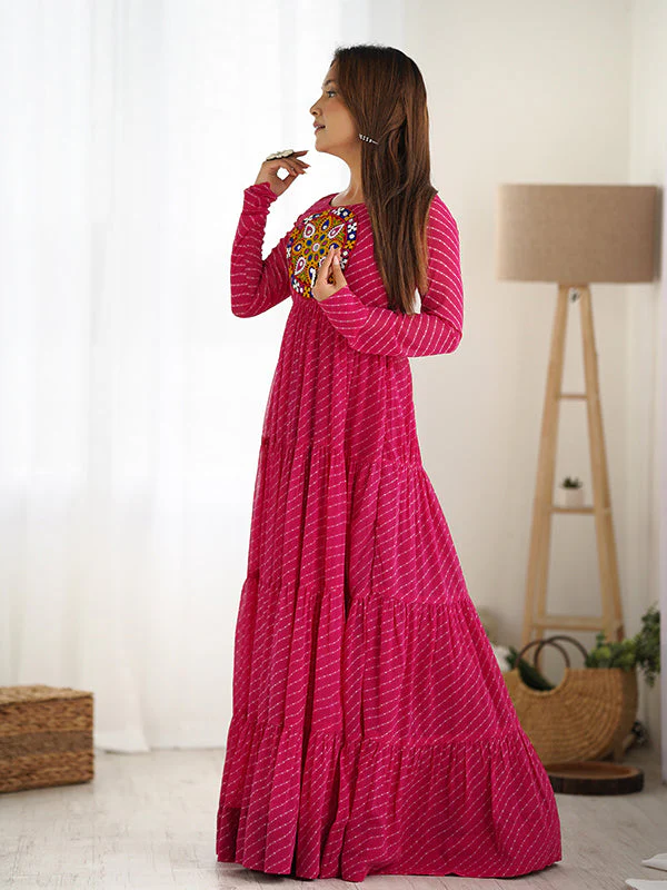 Rani Pink Layered Embroidered & Printed Anarkali Gown - Image 5