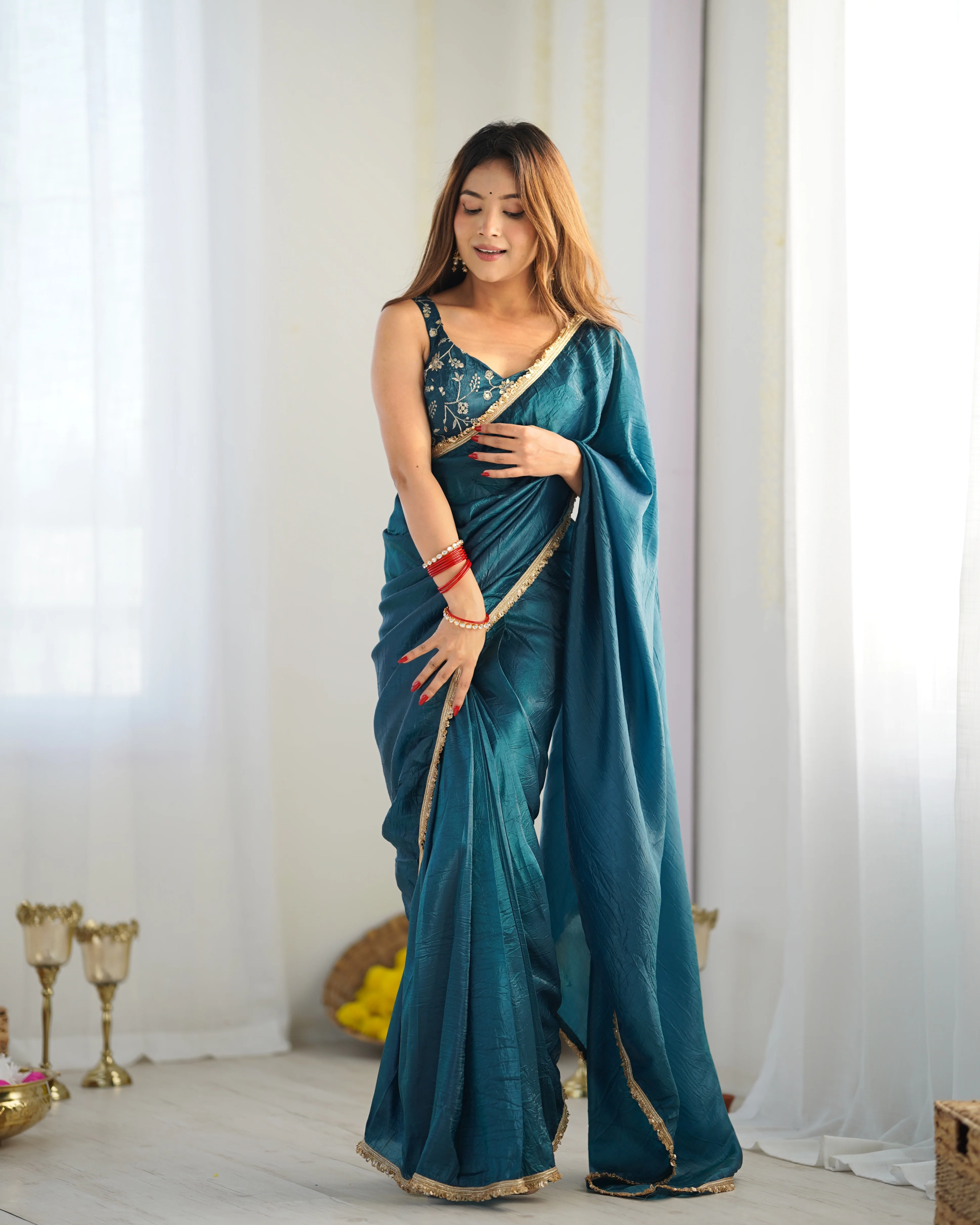 Ready To Wear Pre Draped Ready To Wear Saree With Full Stitched Blouse Premium Gold Crush Tissue Silk Fabric - Teal Blue - Image 3