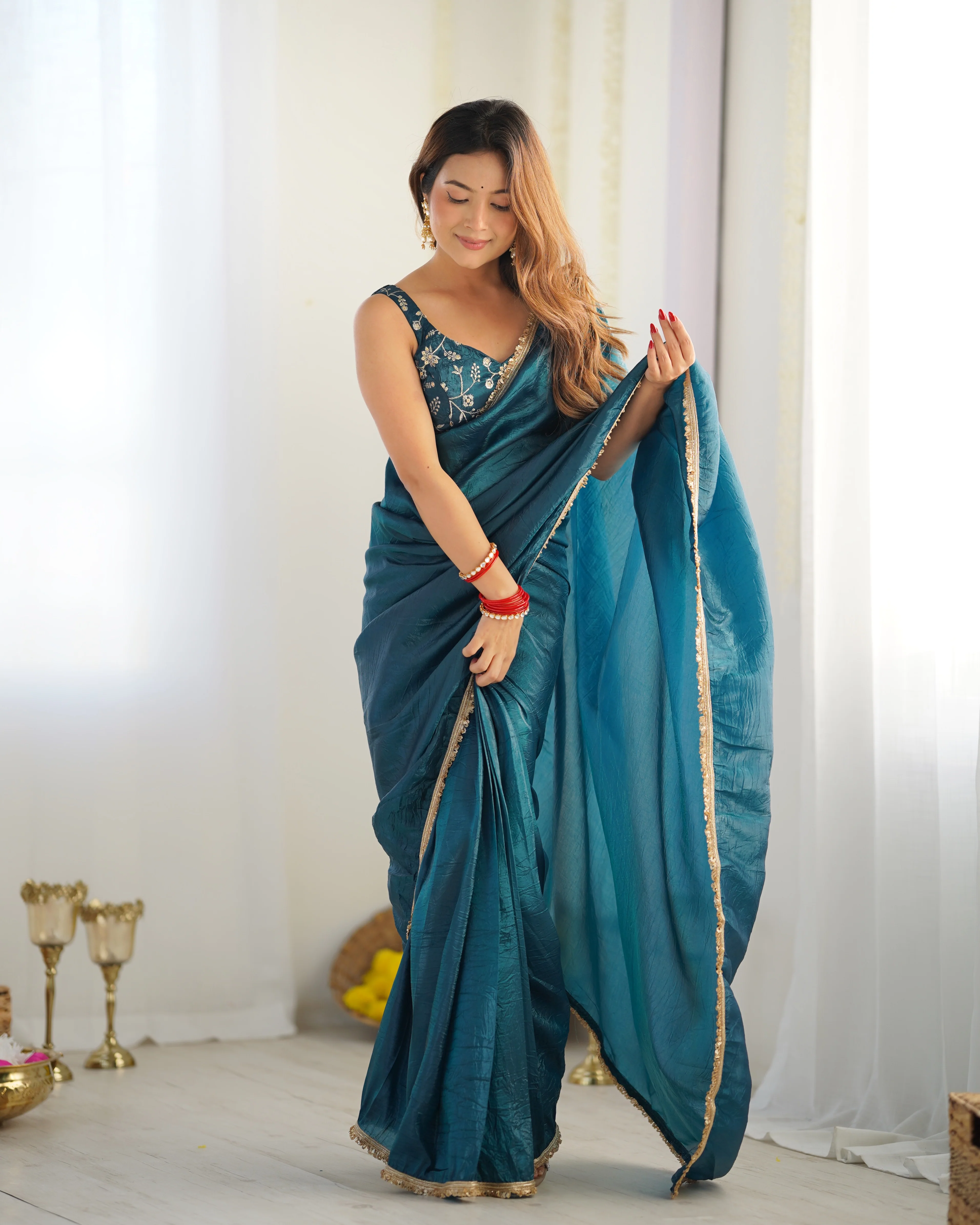 Ready To Wear Pre Draped Ready To Wear Saree With Full Stitched Blouse Premium Gold Crush Tissue Silk Fabric - Teal Blue - Image 4