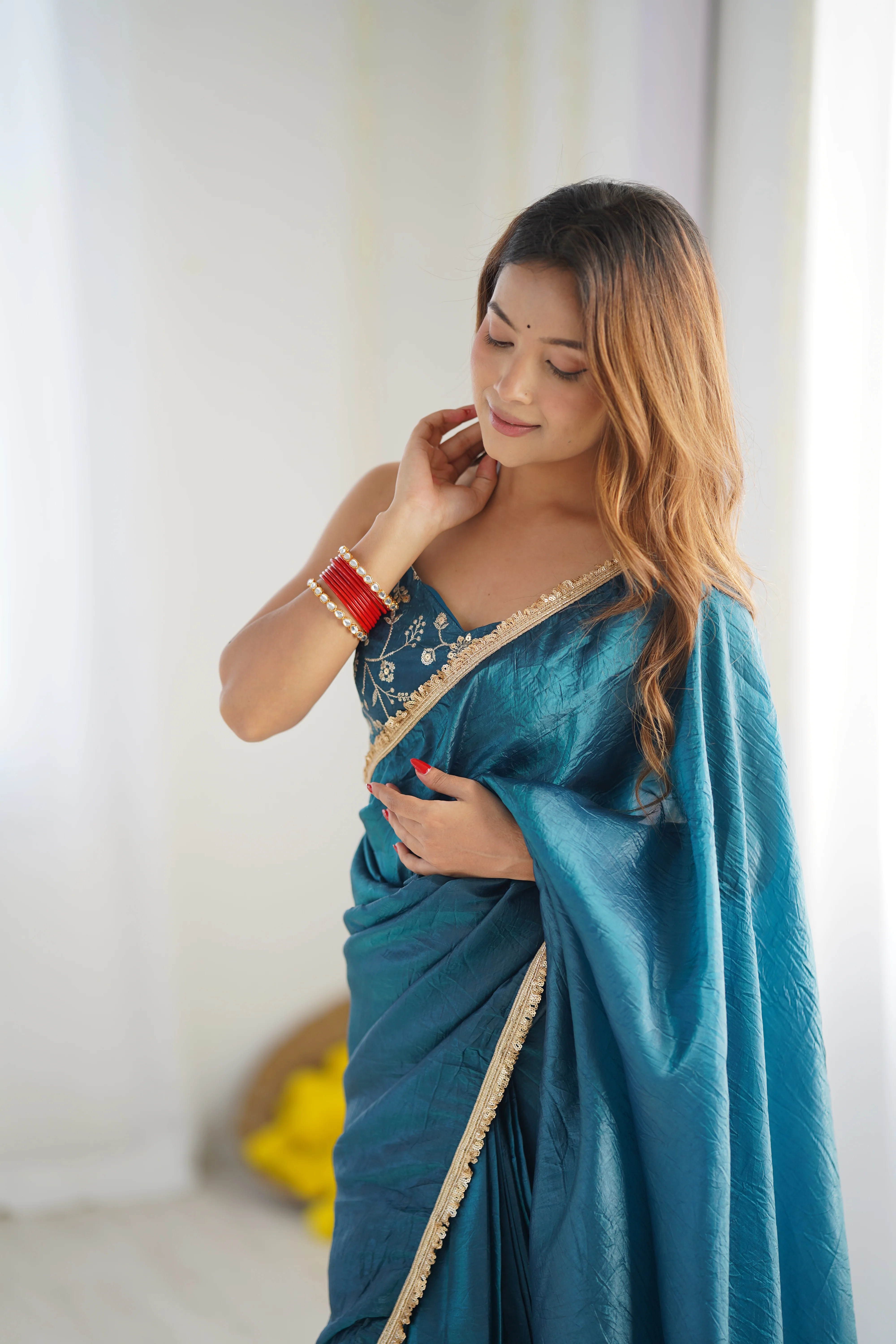 Ready To Wear Pre Draped Ready To Wear Saree With Full Stitched Blouse Premium Gold Crush Tissue Silk Fabric - Teal Blue - Image 5