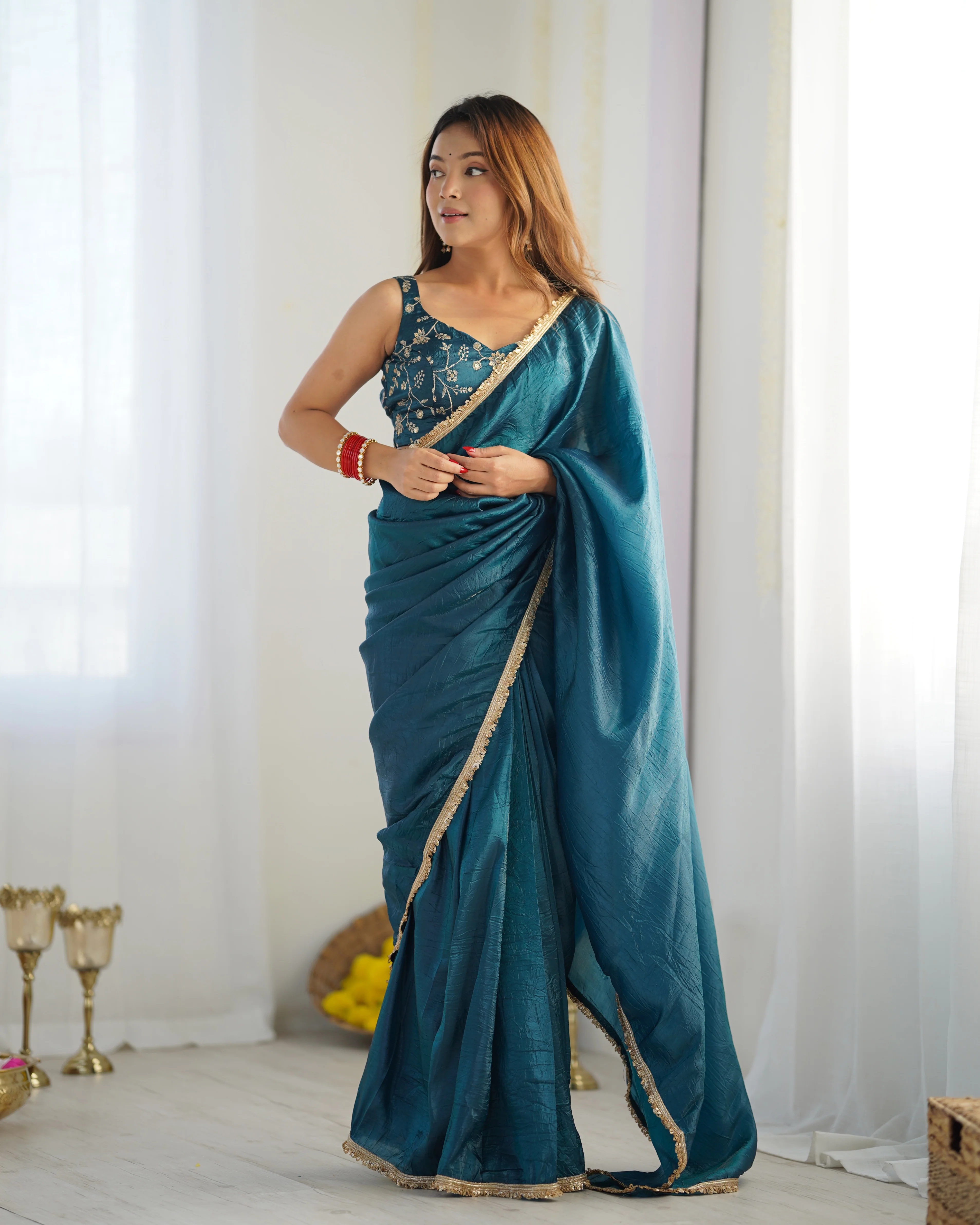 Ready To Wear Pre Draped Ready To Wear Saree With Full Stitched Blouse Premium Gold Crush Tissue Silk Fabric - Teal Blue - Image 7
