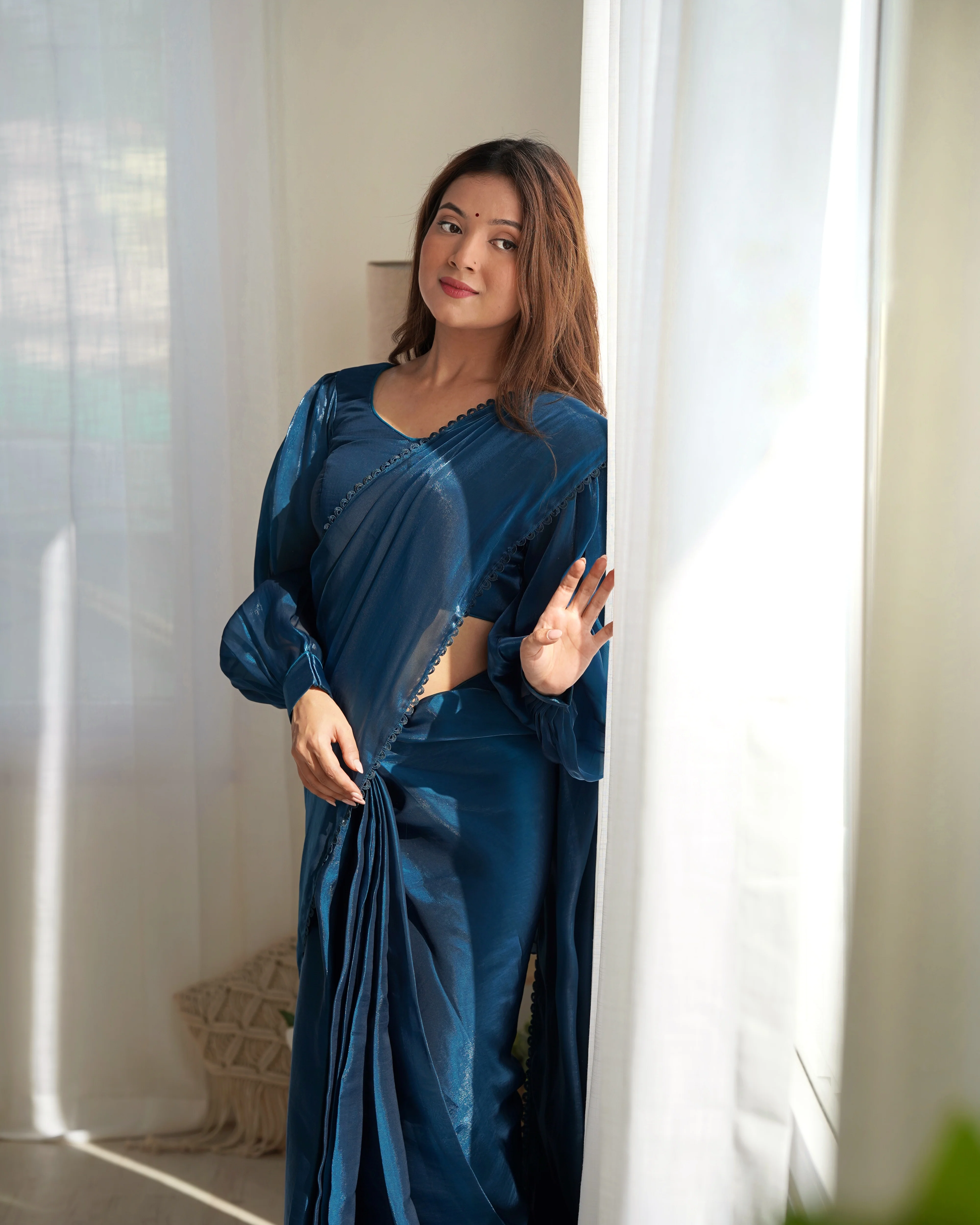 Ready To Wear Pre drapped Ready ToWear Saree With Fully Stitched Blouse Jimmy Choo Fabric - Teal Blue - Image 10
