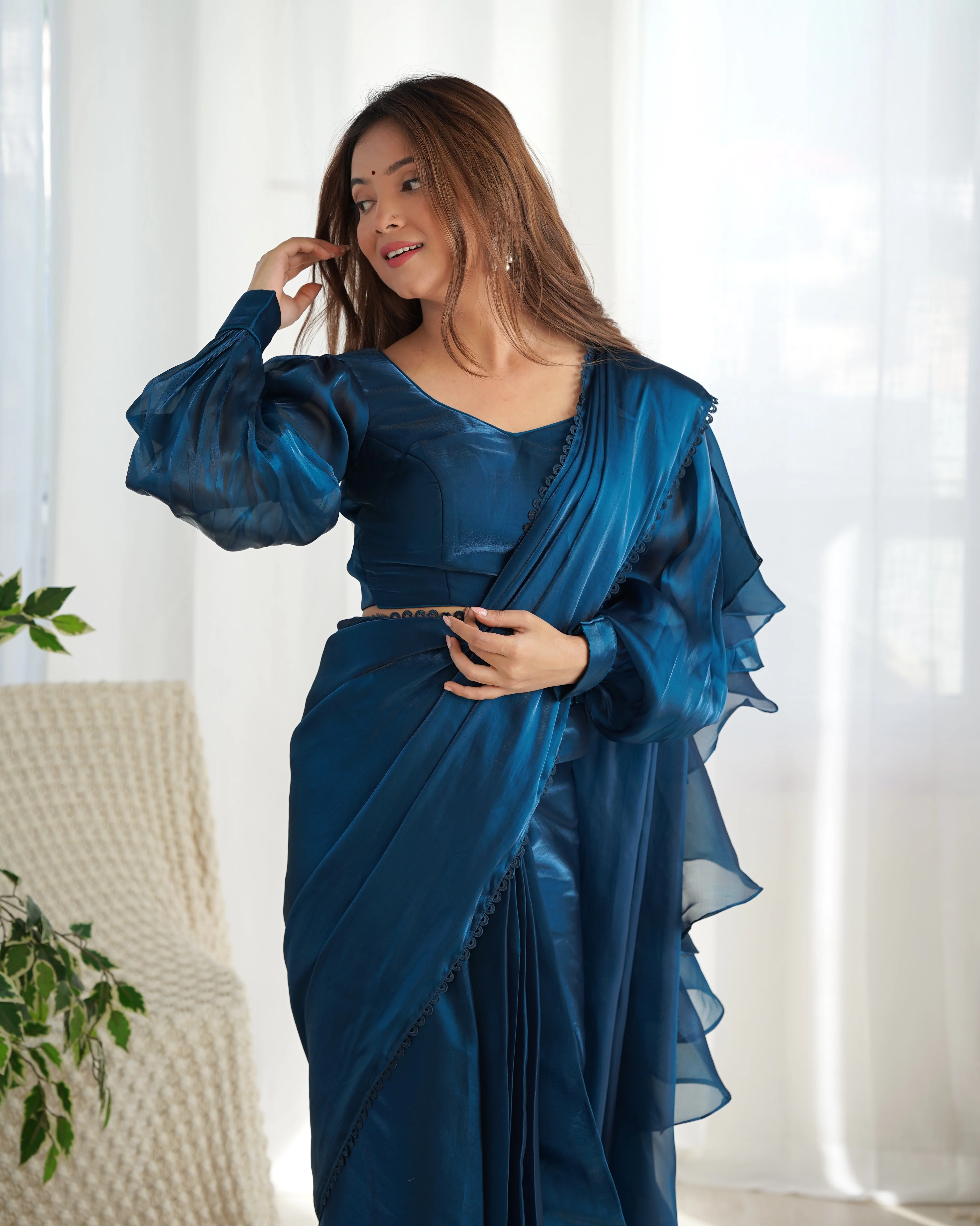 Ready To Wear Pre drapped Ready ToWear Saree With Fully Stitched Blouse Jimmy Choo Fabric - Teal Blue - Image 11