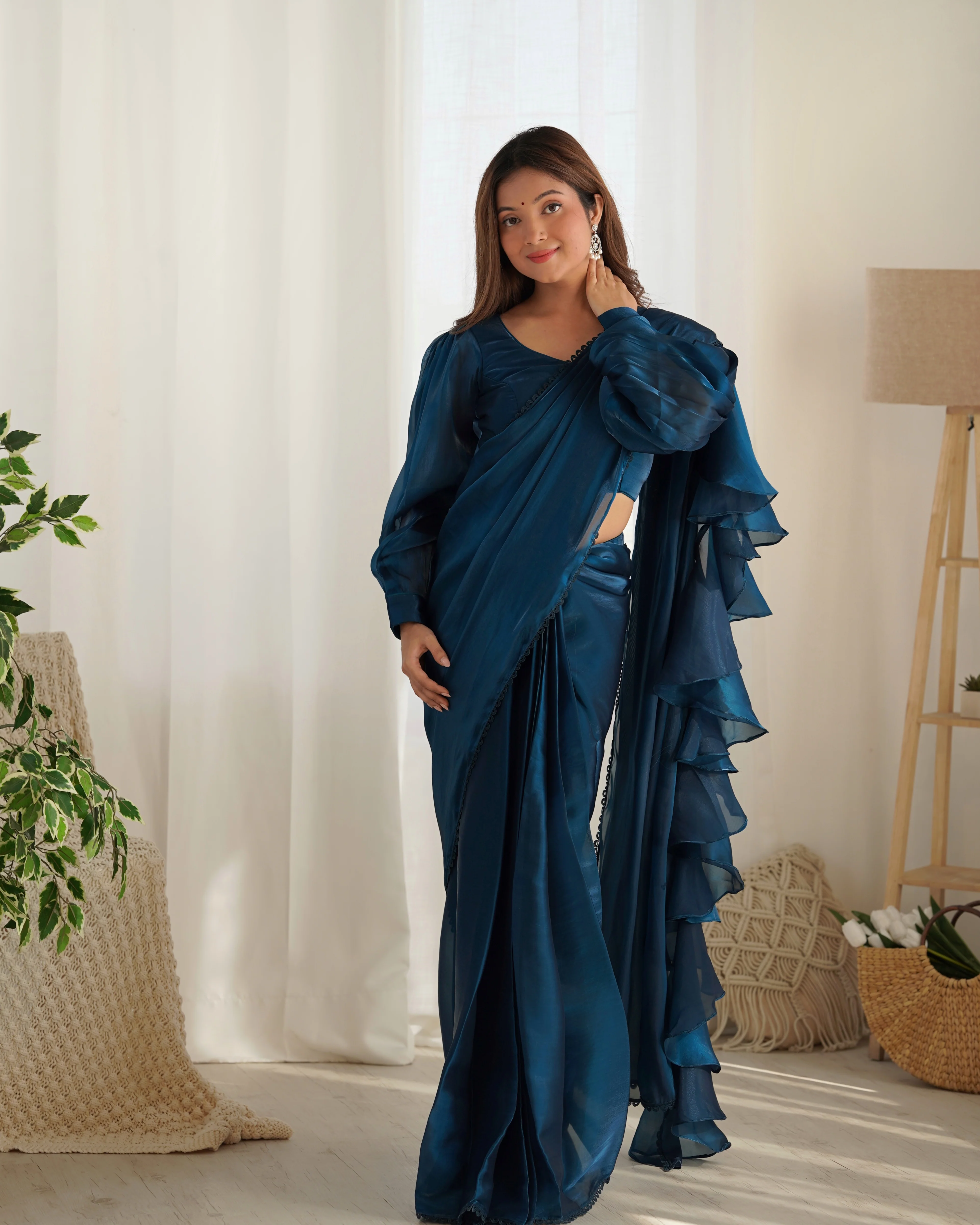 Ready To Wear Pre drapped Ready ToWear Saree With Fully Stitched Blouse Jimmy Choo Fabric - Teal Blue - Image 8