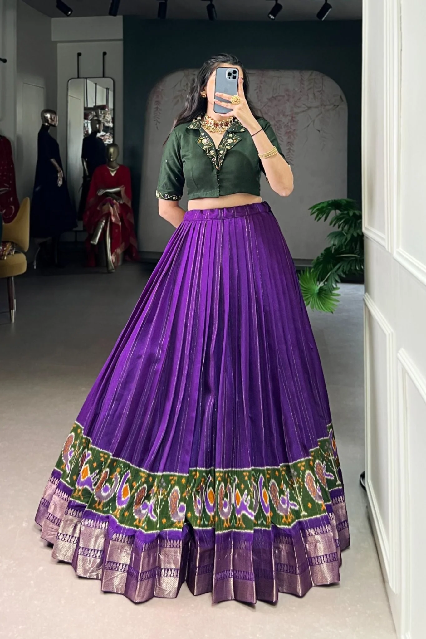 Ready-to-Wear Zari Woven Poly-Cotton Lehenga with Hand-Embroidered Cotton Blouse - Image 4