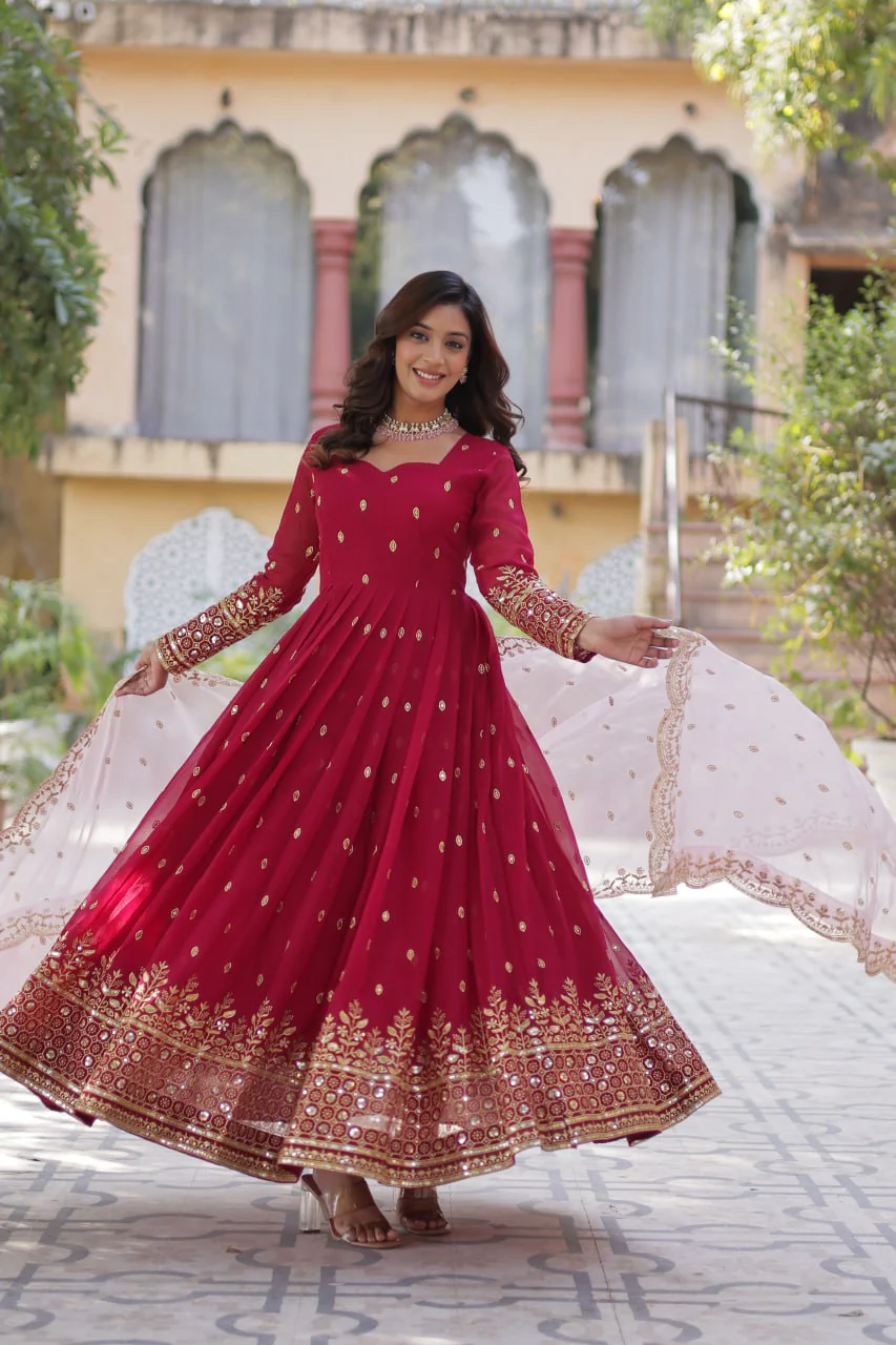 Red Color Faux Blooming with Embroidery Zari Sequins work - Image 3
