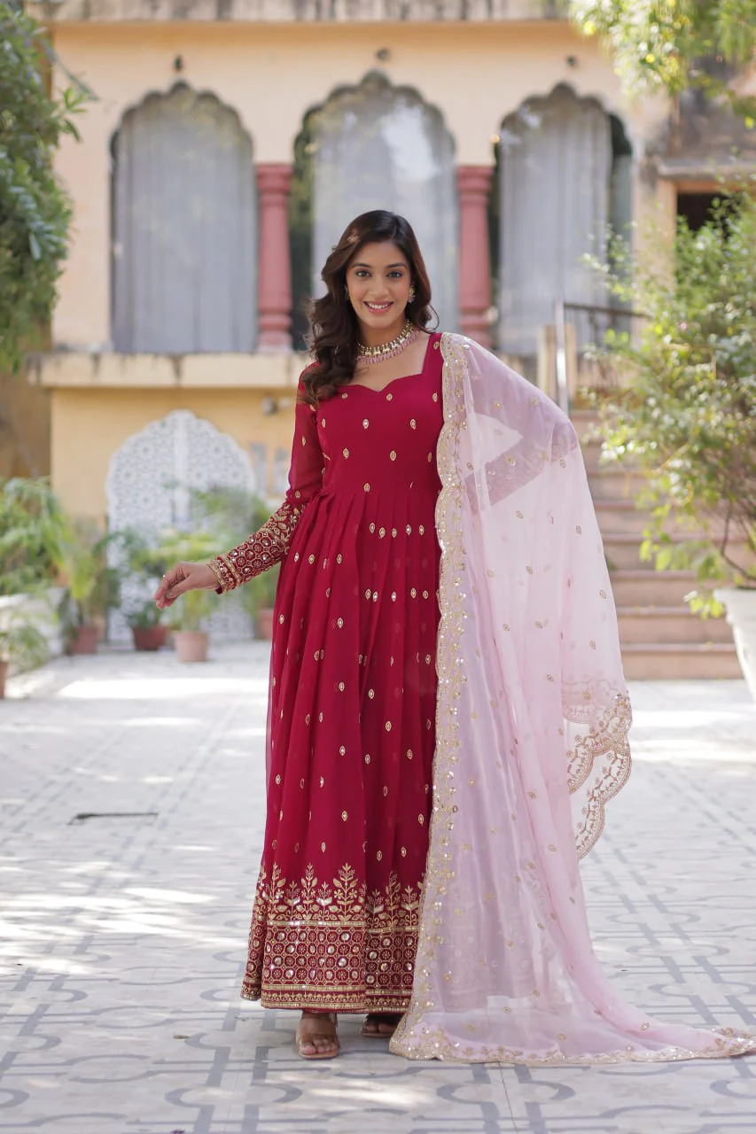 Red Color Faux Blooming with Embroidery Zari Sequins work - Image 4
