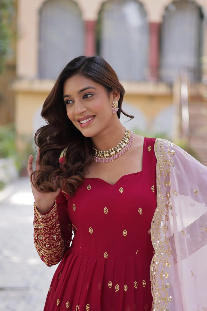 Red Color Faux Blooming with Embroidery Zari Sequins work - Image 5