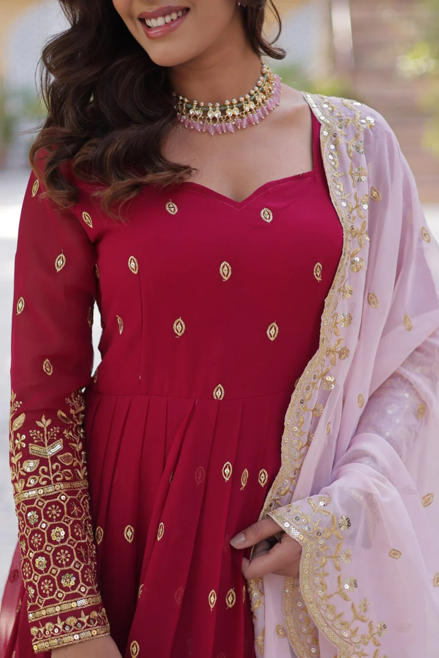 Red Color Faux Blooming with Embroidery Zari Sequins work - Image 6