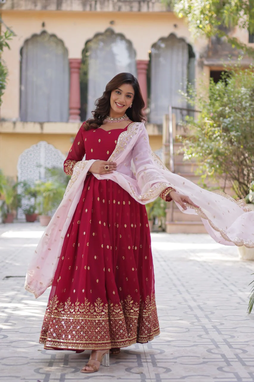 Red Color Faux Blooming with Embroidery Zari Sequins work - Image 7