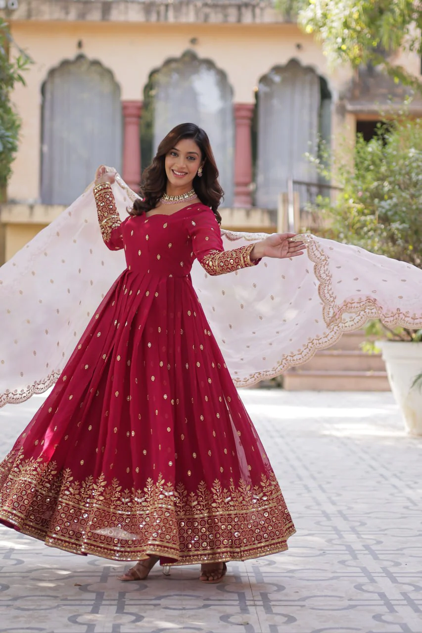 Red Color Faux Blooming with Embroidery Zari Sequins work - Image 9