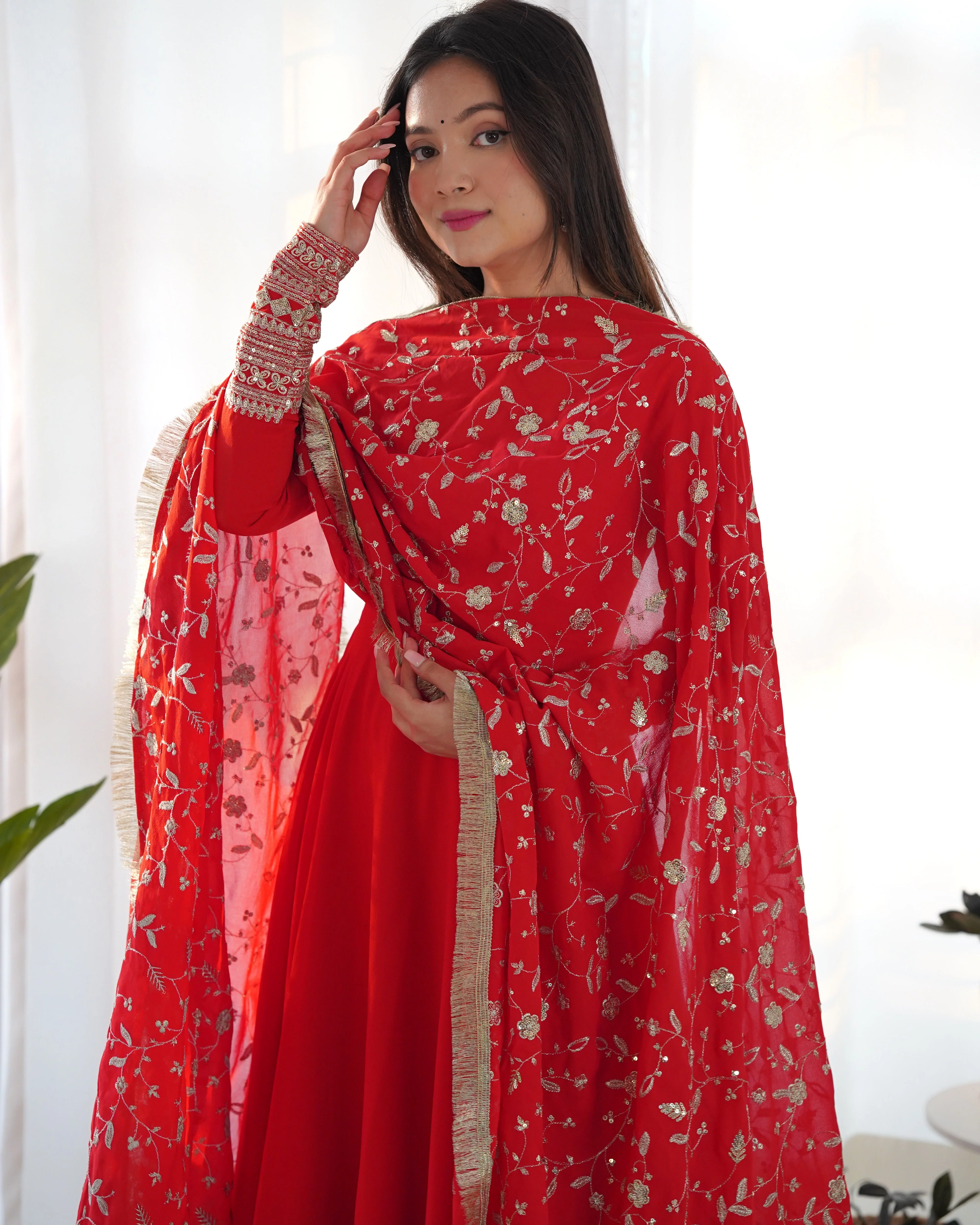 Red Color Pure Faux Georgette Kurti With Huge Flair Comes With Duppatta & Pant - Image 10