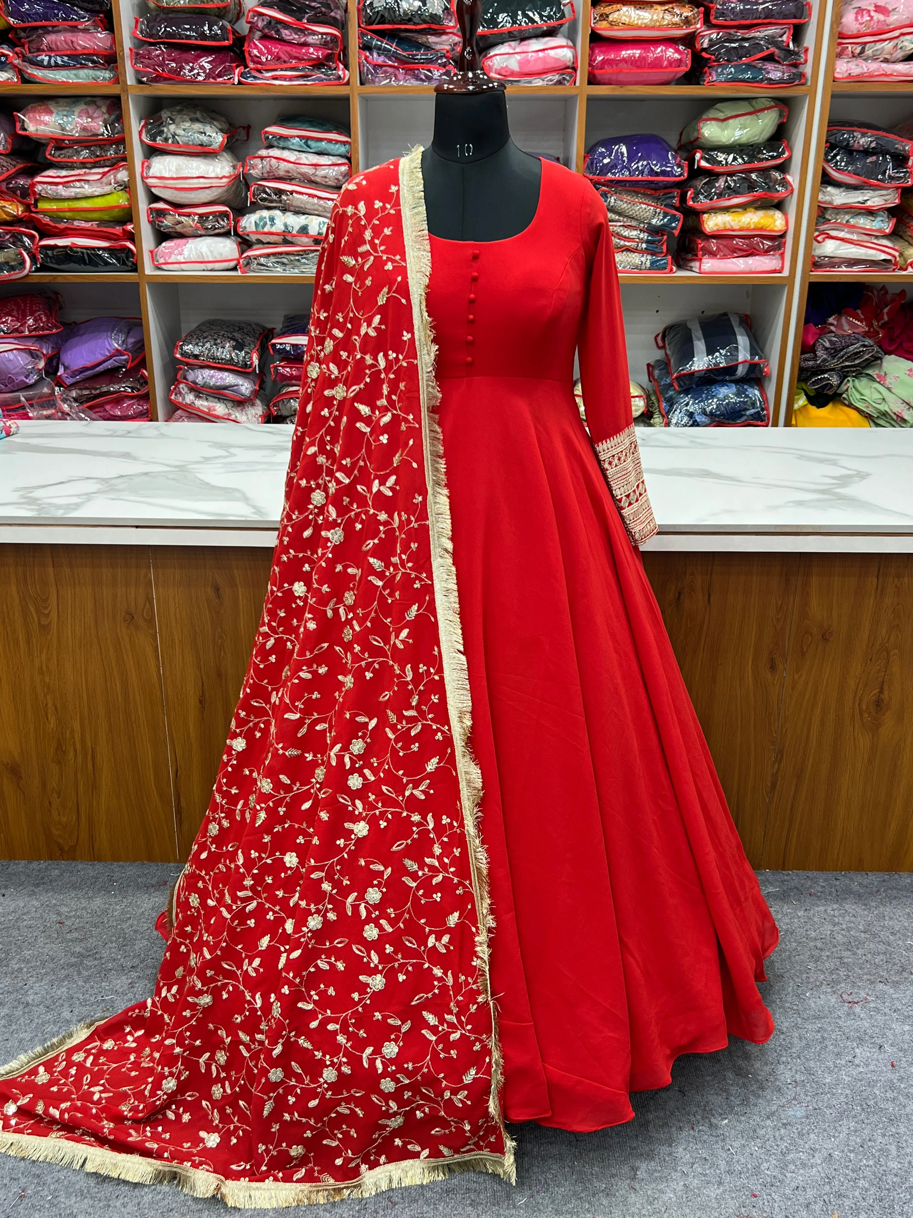 Red Color Pure Faux Georgette Kurti With Huge Flair Comes With Duppatta & Pant - Image 11