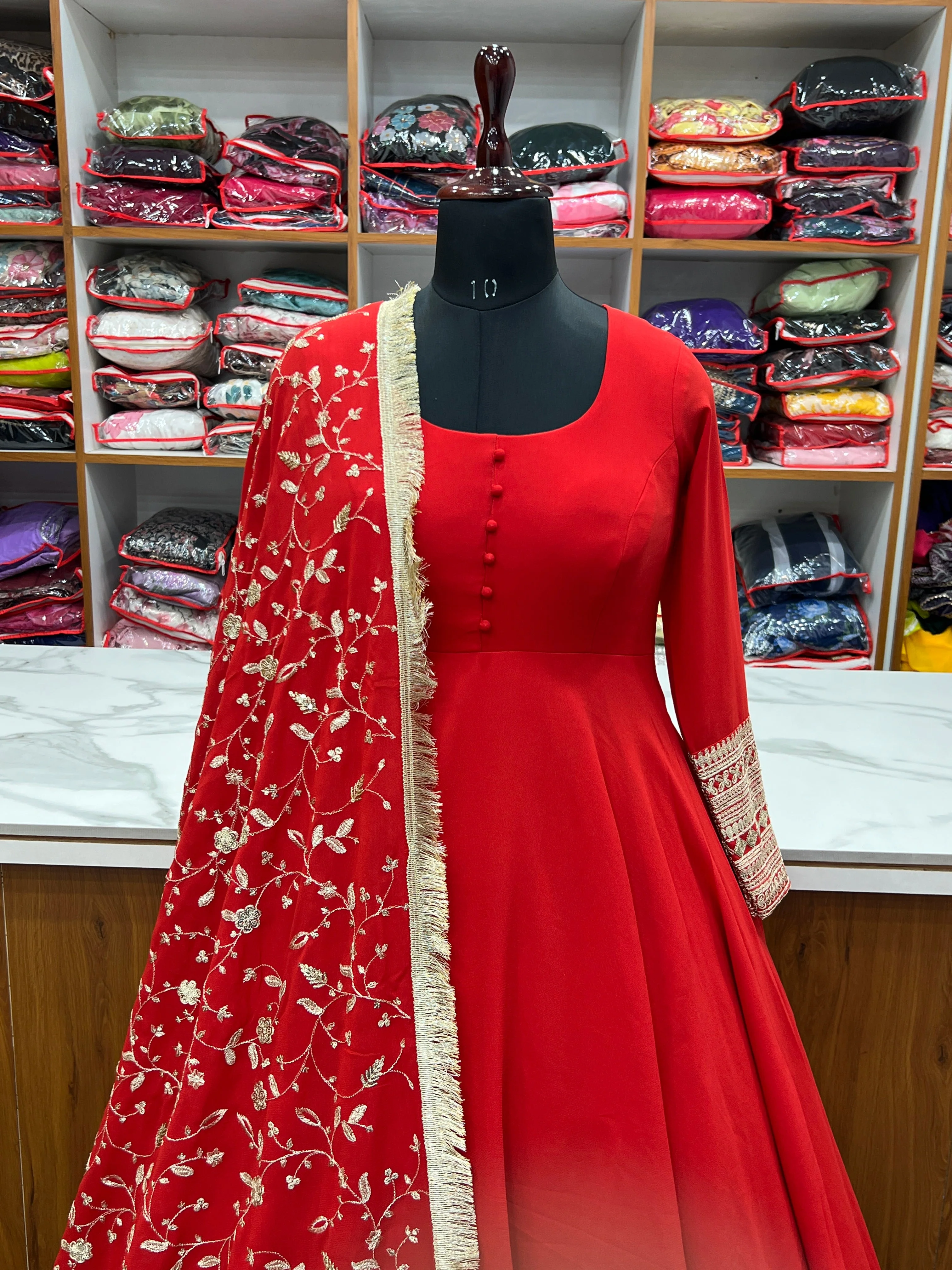 Red Color Pure Faux Georgette Kurti With Huge Flair Comes With Duppatta & Pant - Image 12