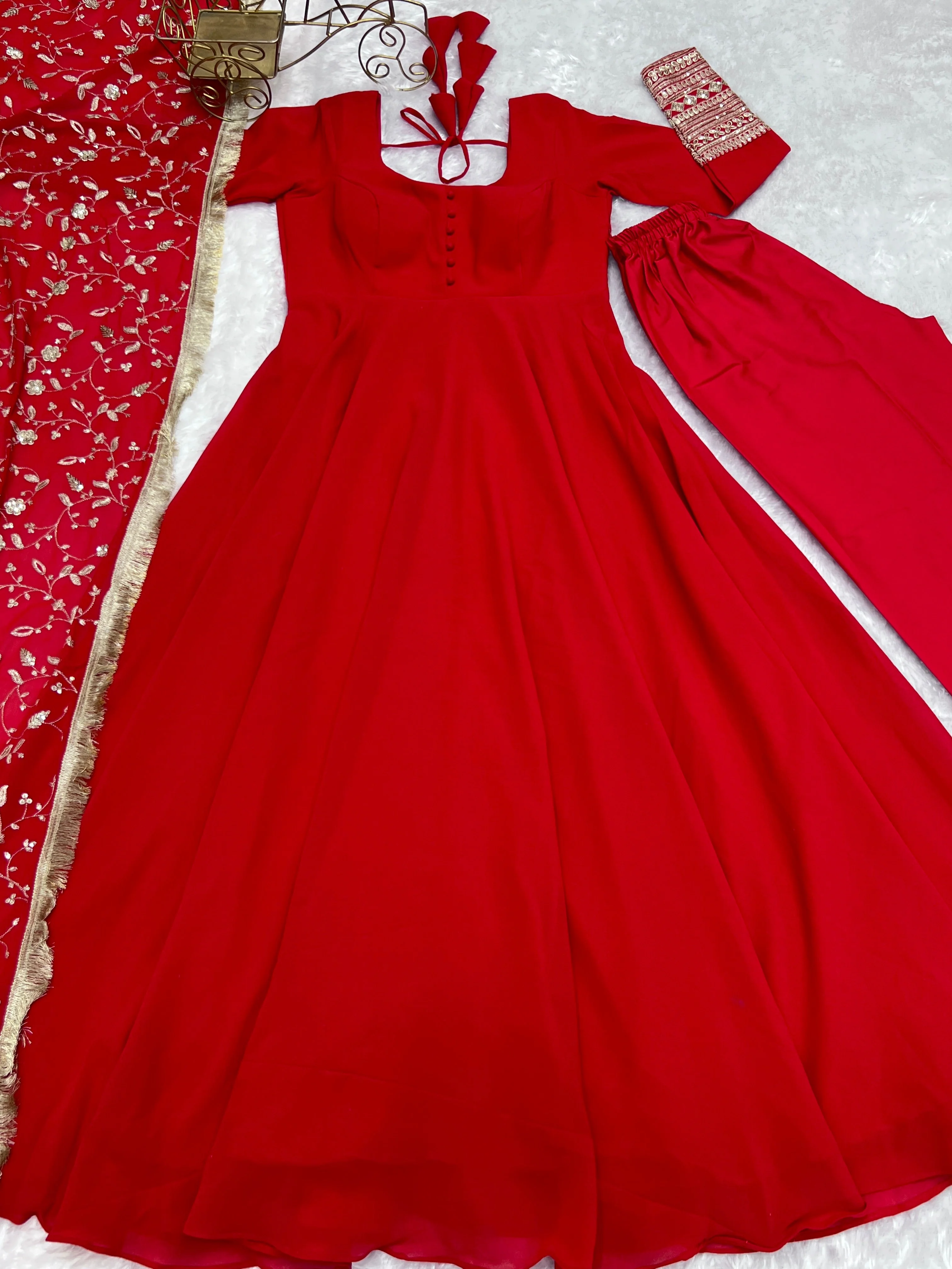 Red Color Pure Faux Georgette Kurti With Huge Flair Comes With Duppatta & Pant - Image 13
