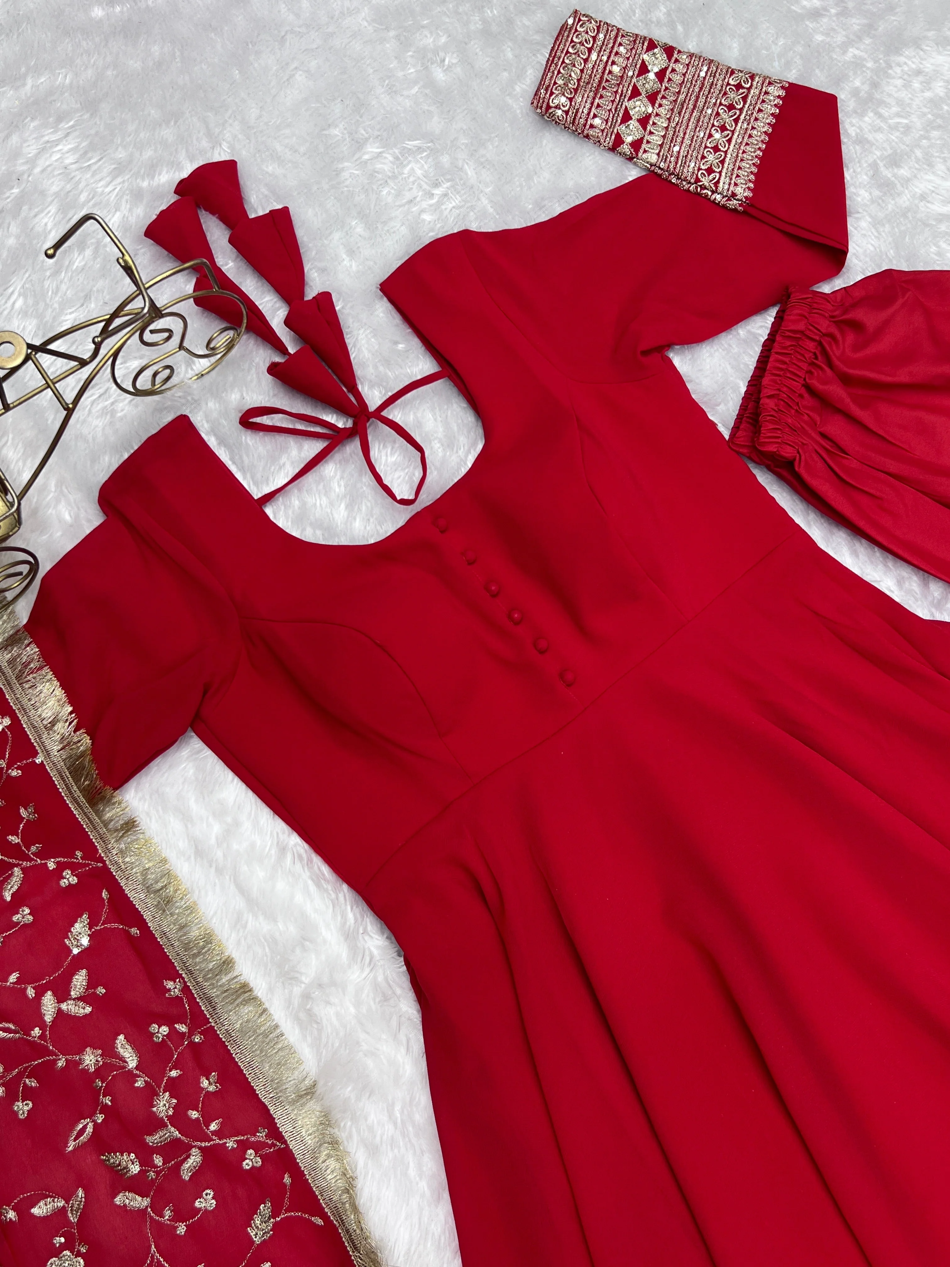 Red Color Pure Faux Georgette Kurti With Huge Flair Comes With Duppatta & Pant - Image 14