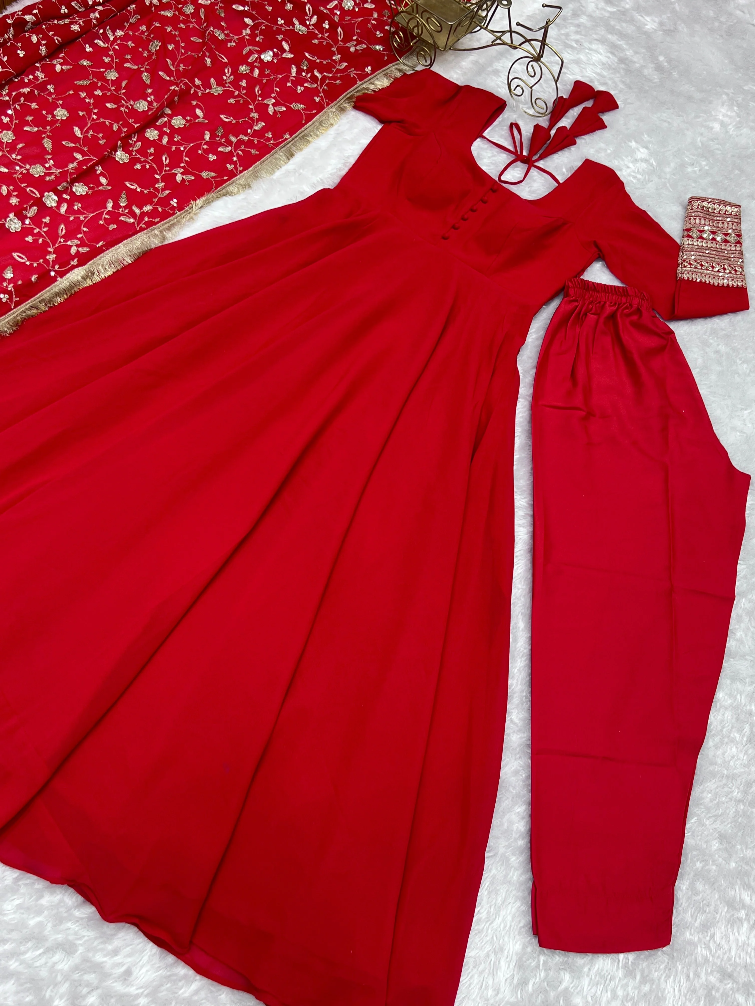 Red Color Pure Faux Georgette Kurti With Huge Flair Comes With Duppatta & Pant - Image 15