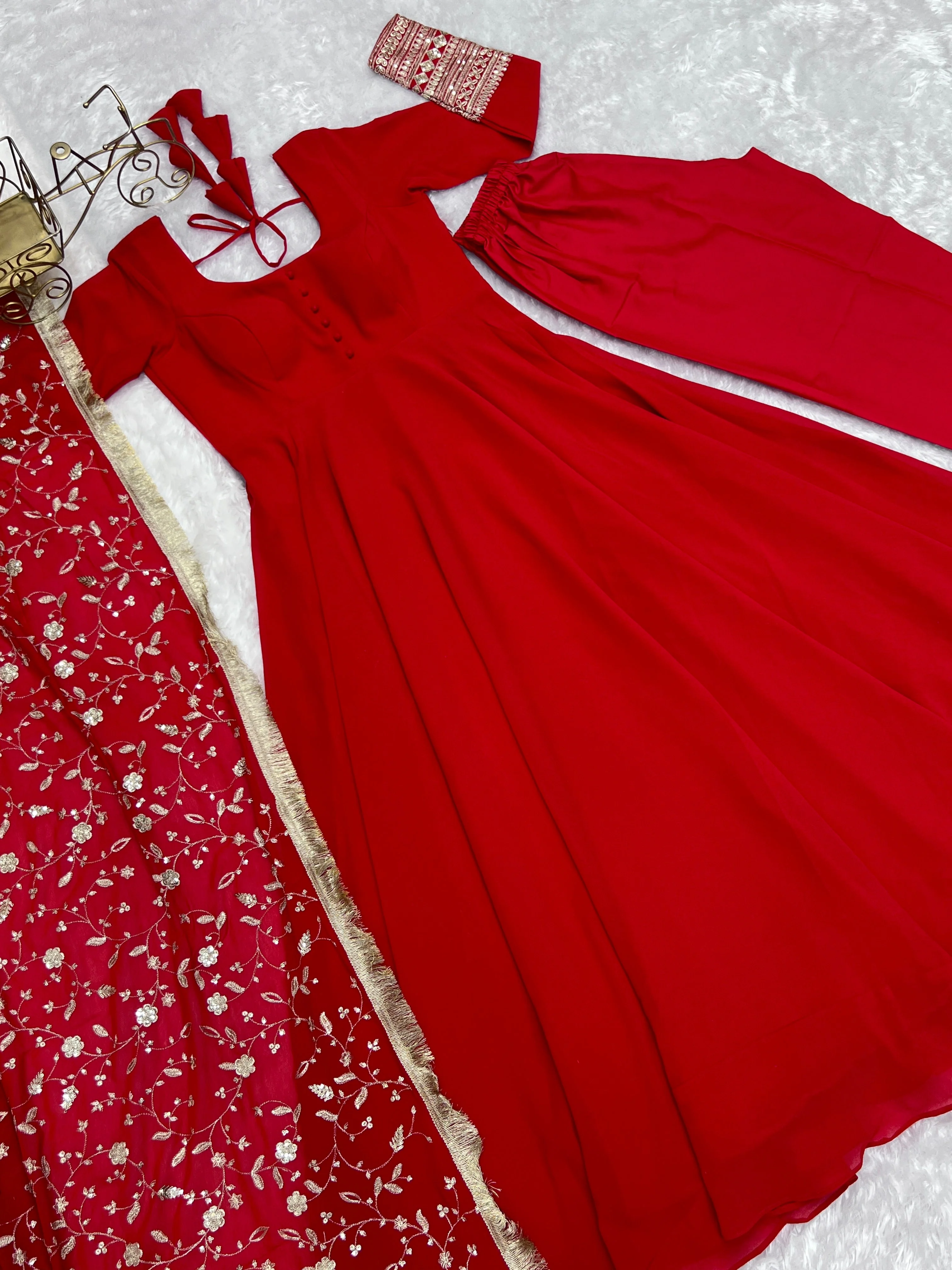 Red Color Pure Faux Georgette Kurti With Huge Flair Comes With Duppatta & Pant - Image 16