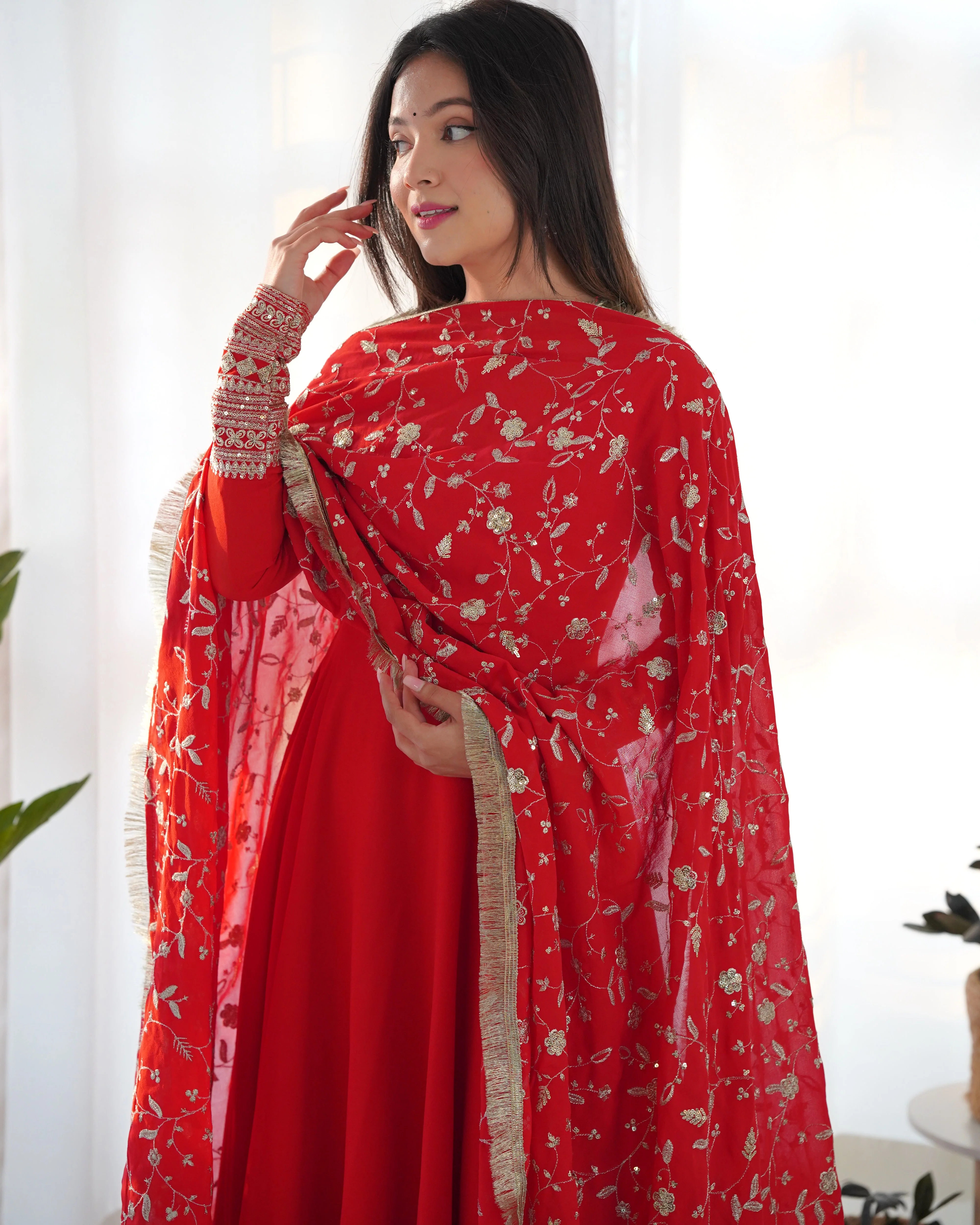 Red Color Pure Faux Georgette Kurti With Huge Flair Comes With Duppatta & Pant - Image 3