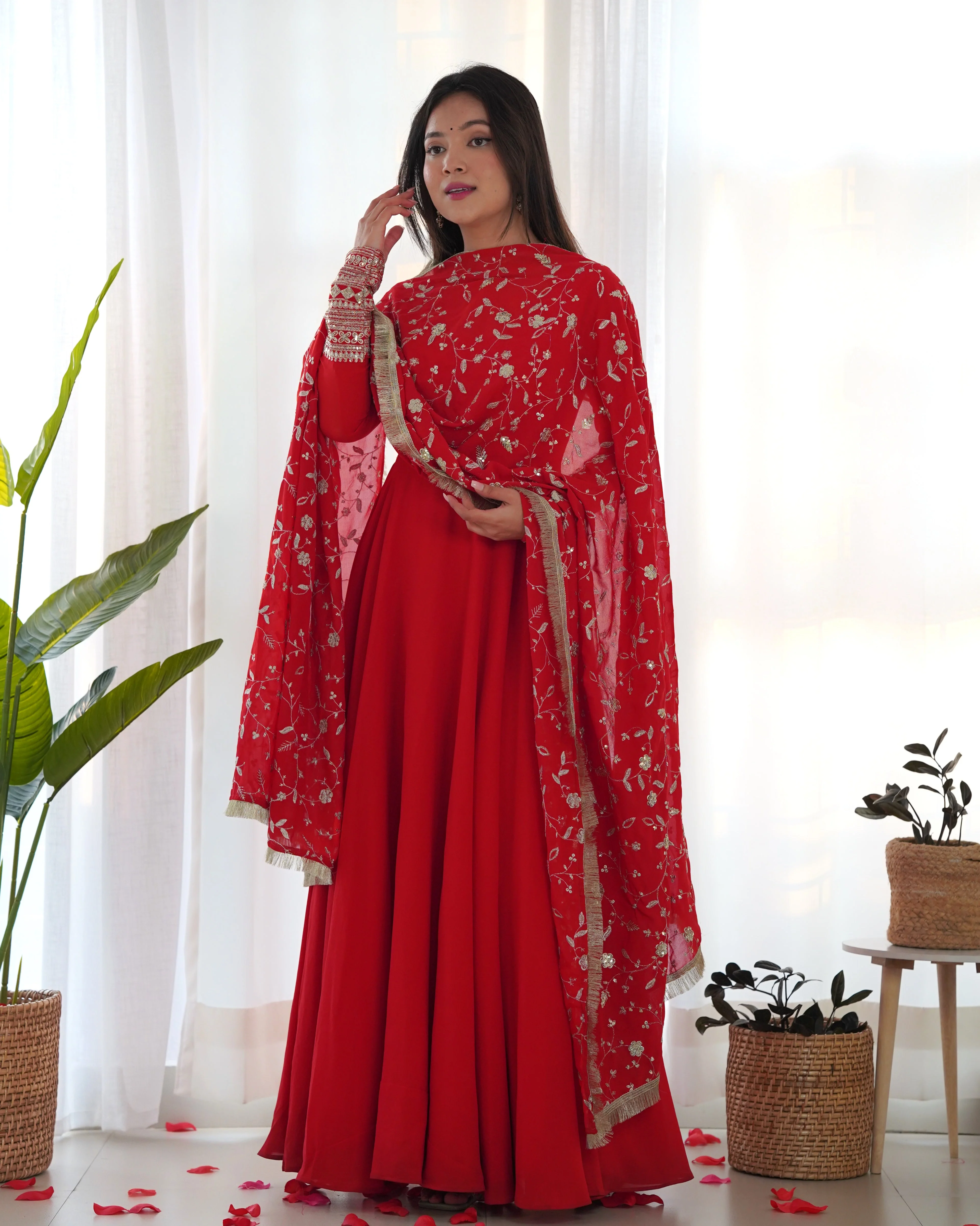 Red Color Pure Faux Georgette Kurti With Huge Flair Comes With Duppatta & Pant - Image 4