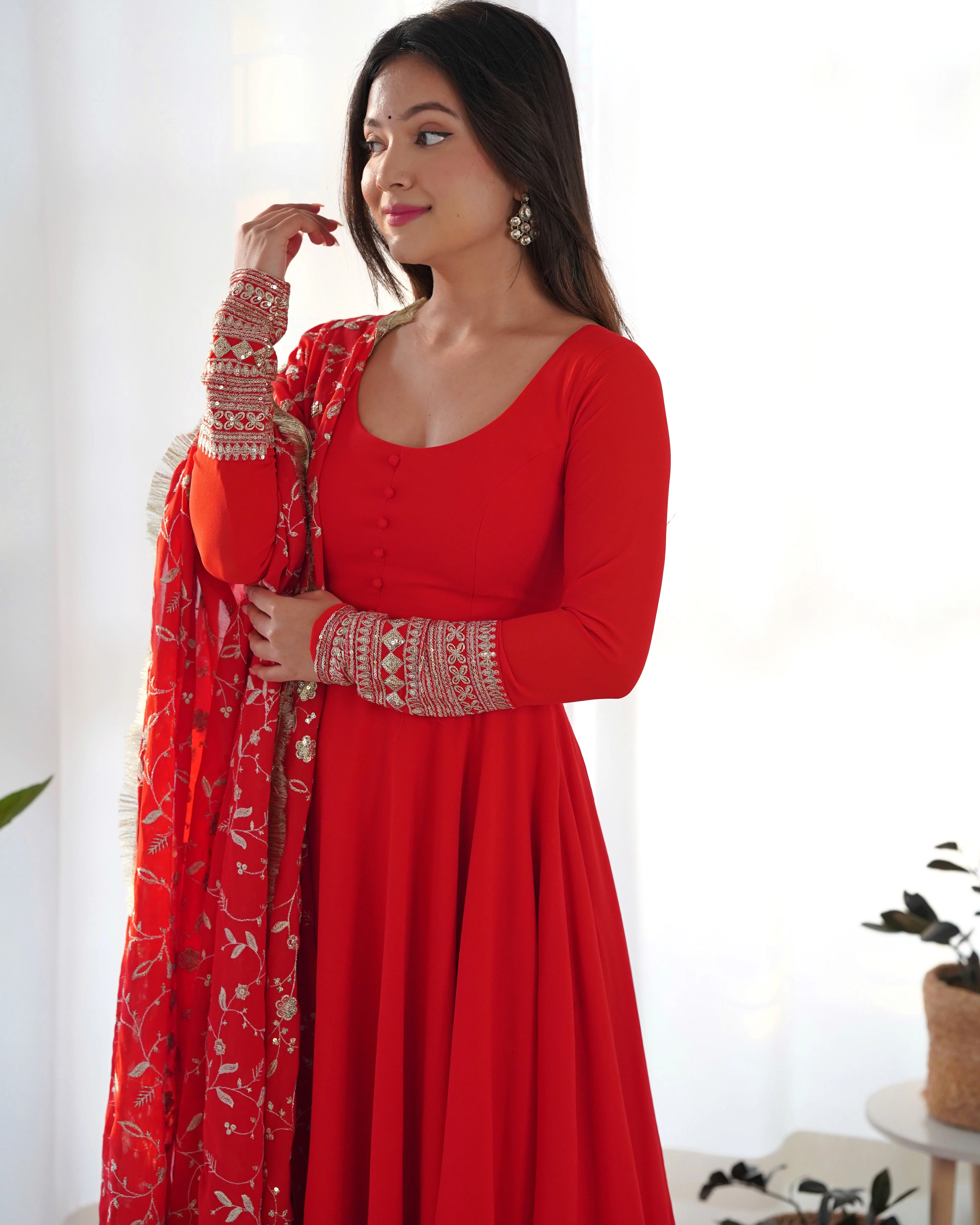 Red Color Pure Faux Georgette Kurti With Huge Flair Comes With Duppatta & Pant - Image 5