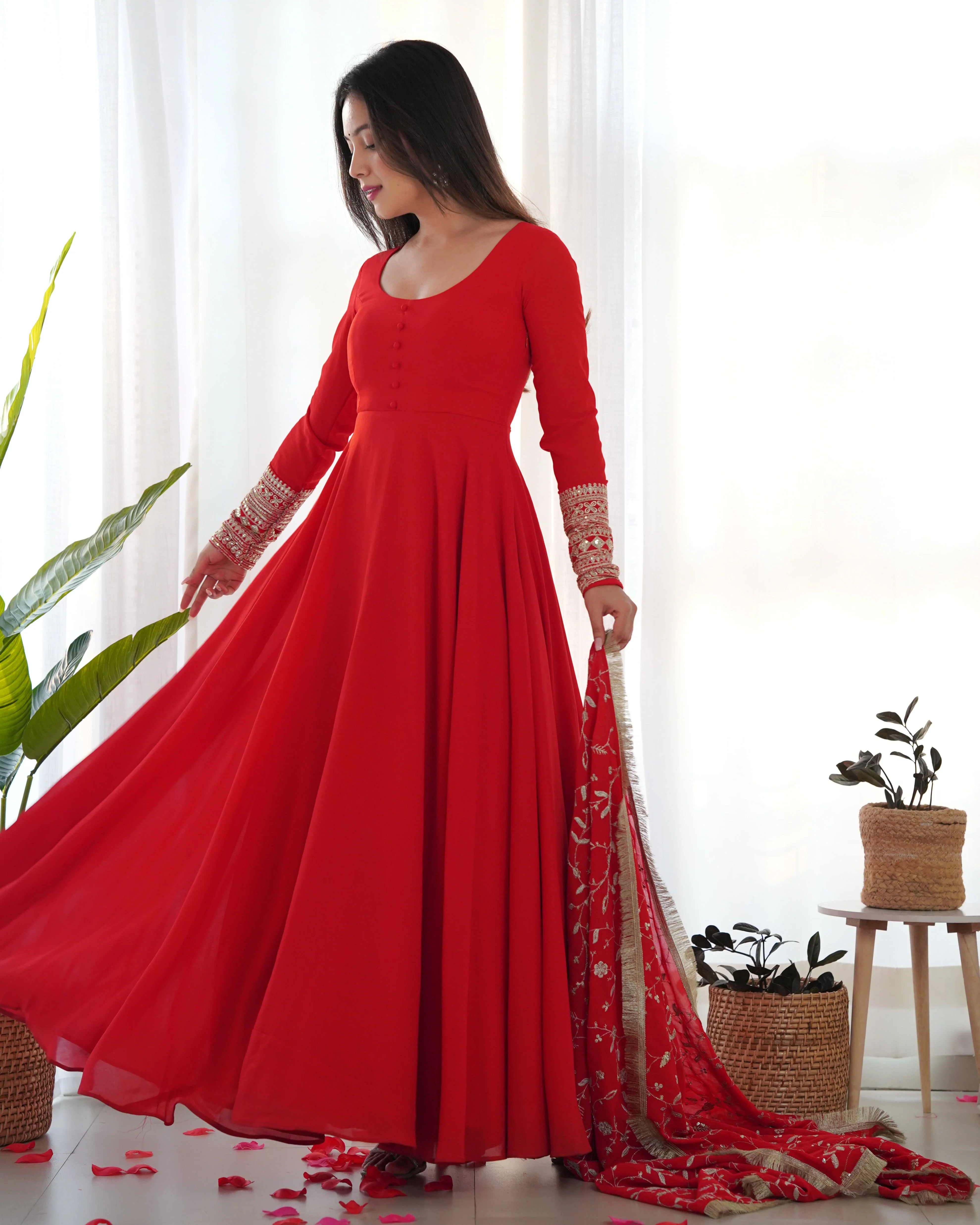 Red Color Pure Faux Georgette Kurti With Huge Flair Comes With Duppatta & Pant - Image 6