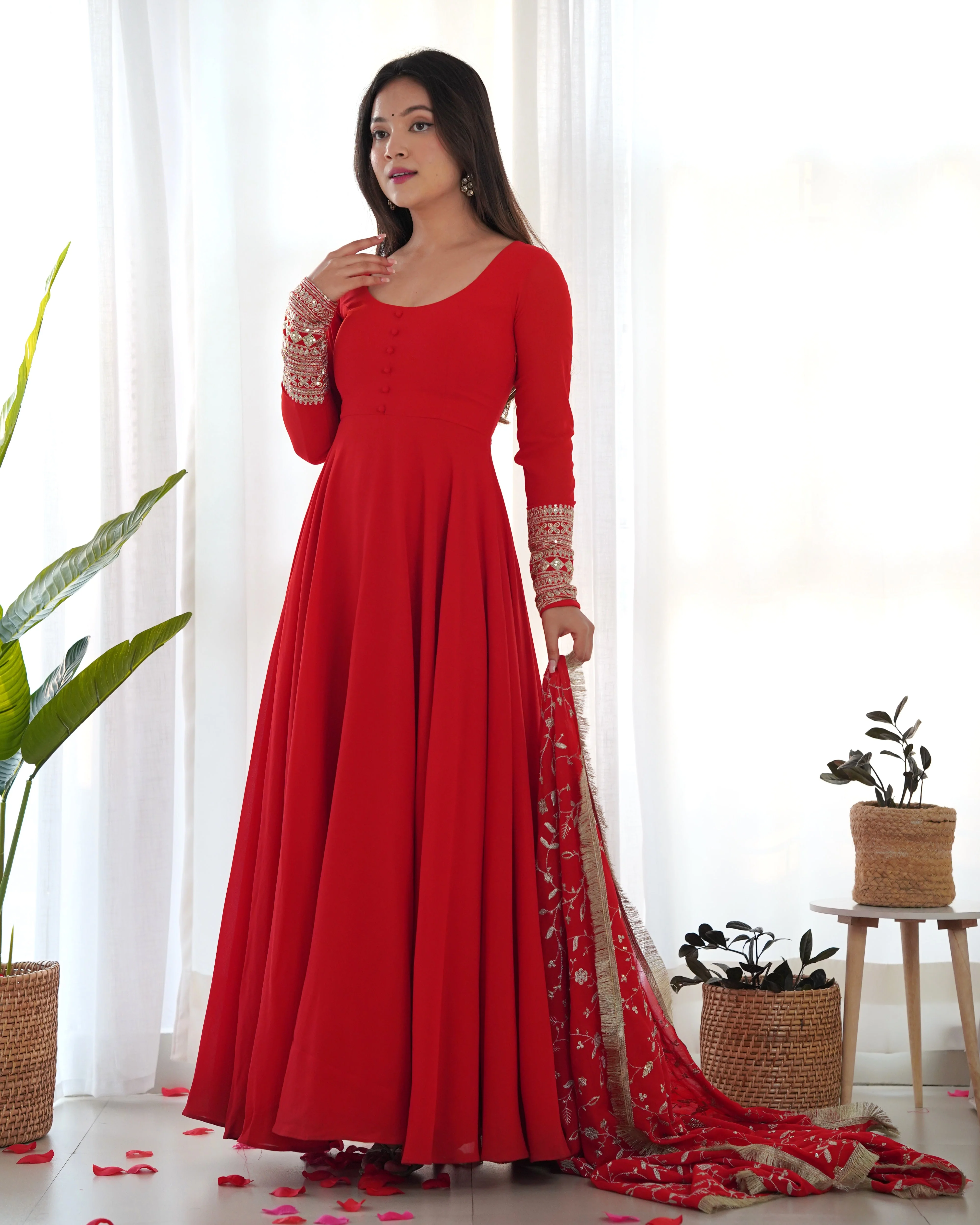 Red Color Pure Faux Georgette Kurti With Huge Flair Comes With Duppatta & Pant - Image 7