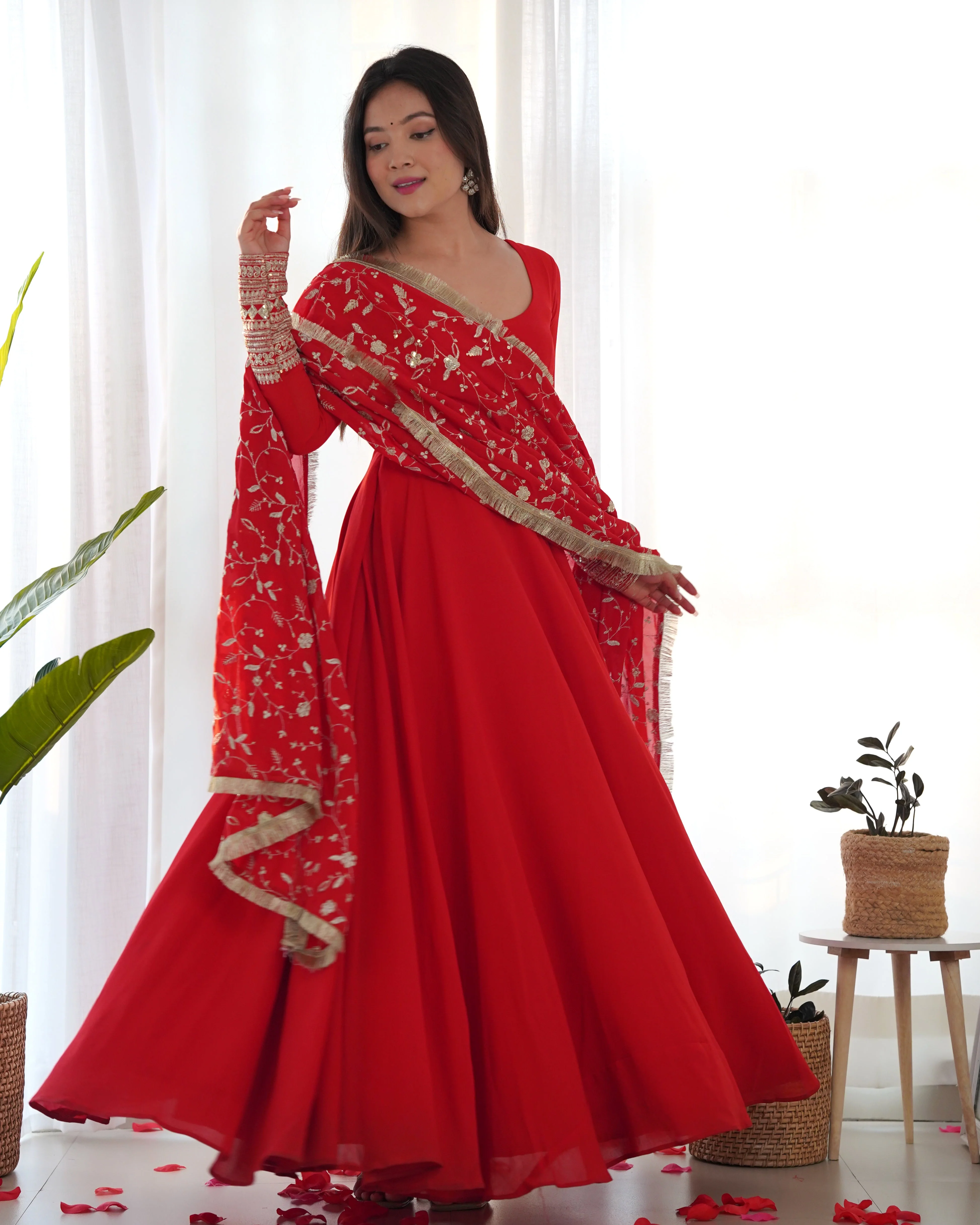 Red Color Pure Faux Georgette Kurti With Huge Flair Comes With Duppatta & Pant - Image 8