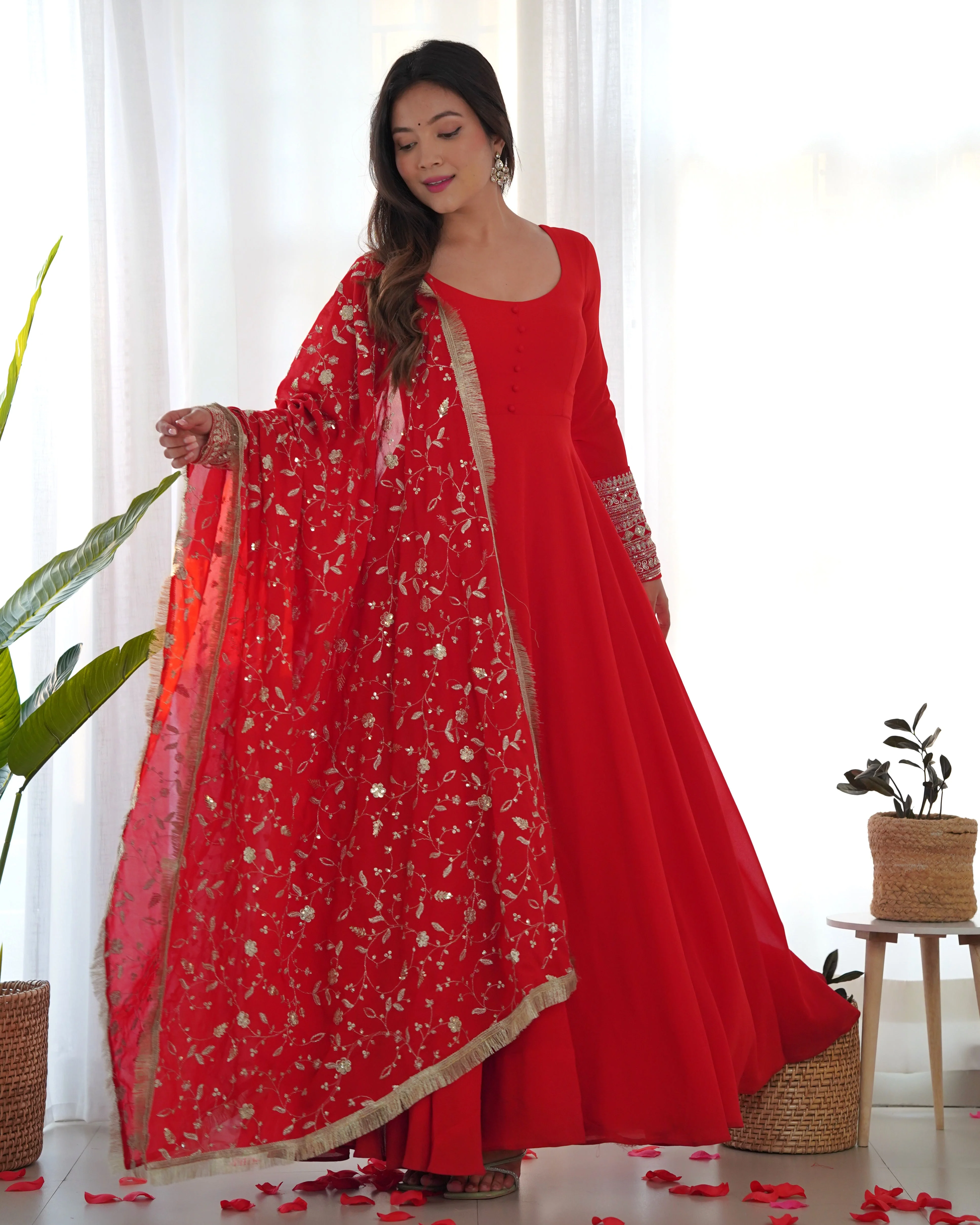 Red Color Pure Faux Georgette Kurti With Huge Flair Comes With Duppatta & Pant - Image 9