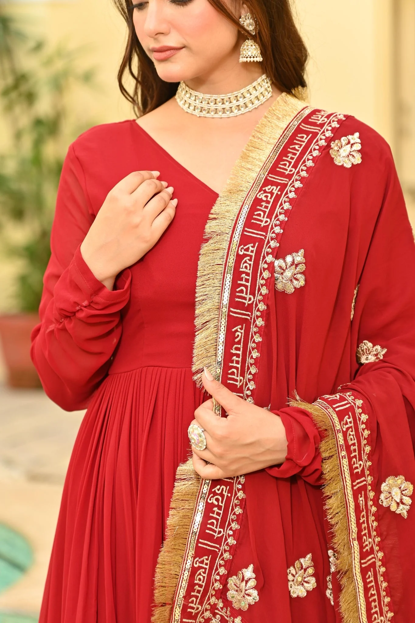 Red Embroidered Wedding Gown With Dupatta - Image 15