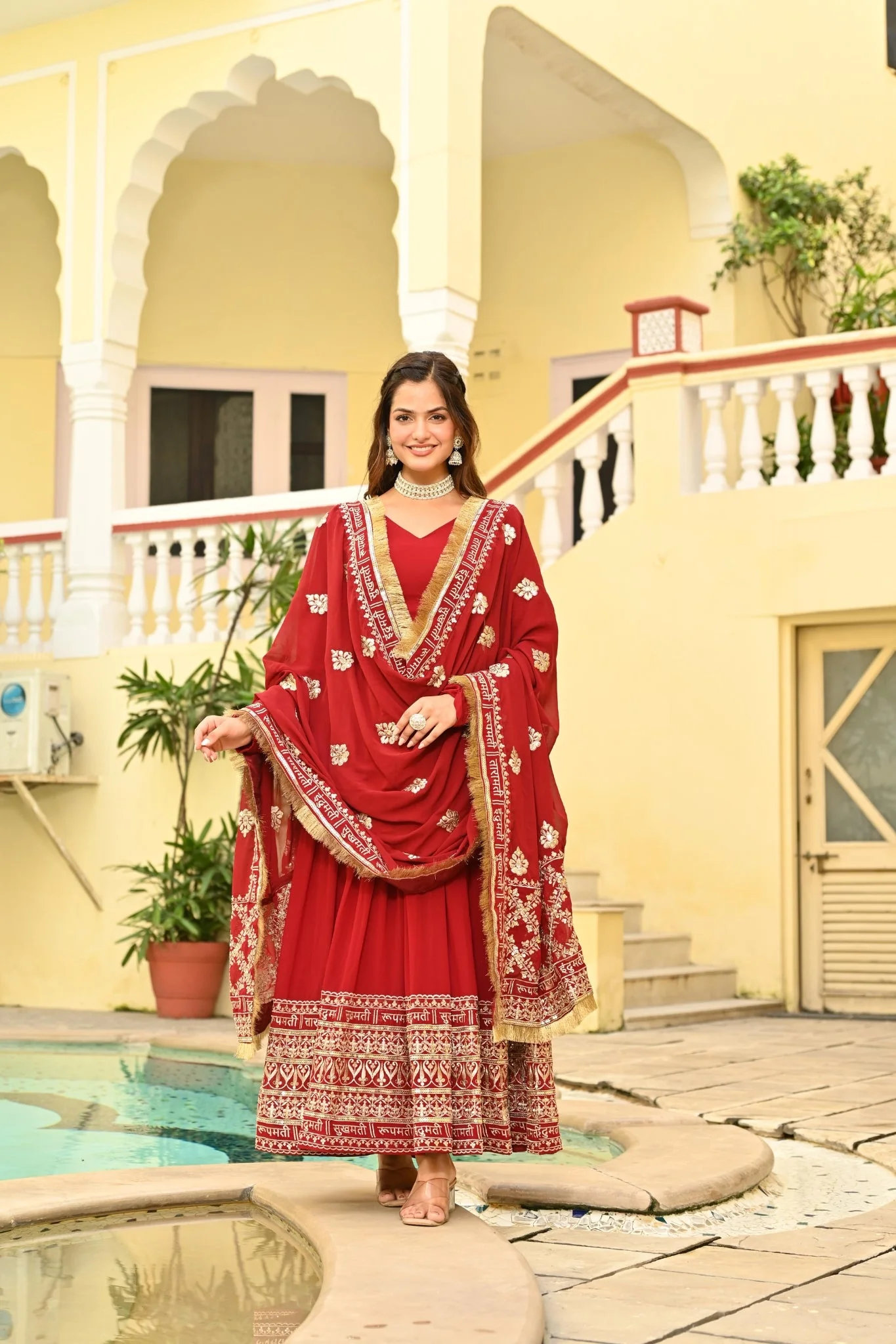 Red Embroidered Wedding Gown With Dupatta - Image 2