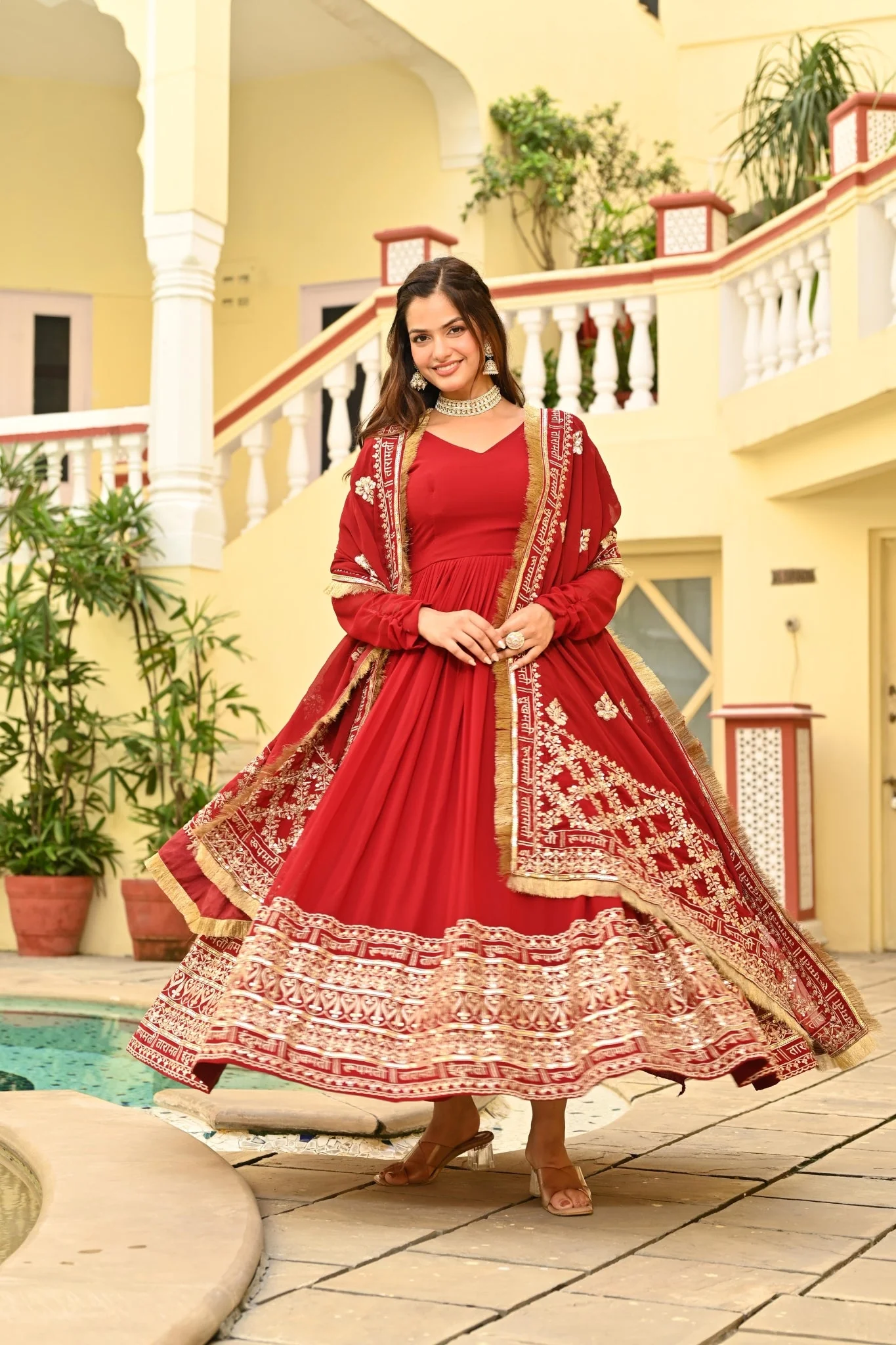 Red Embroidered Wedding Gown With Dupatta - Image 3