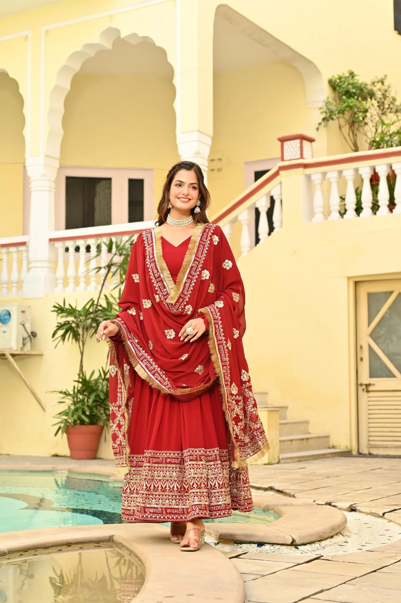 Red Embroidered Wedding Gown With Dupatta - Image 4