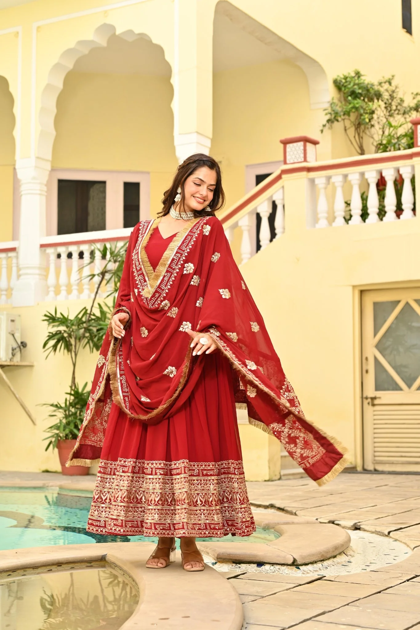 Red Embroidered Wedding Gown With Dupatta - Image 7