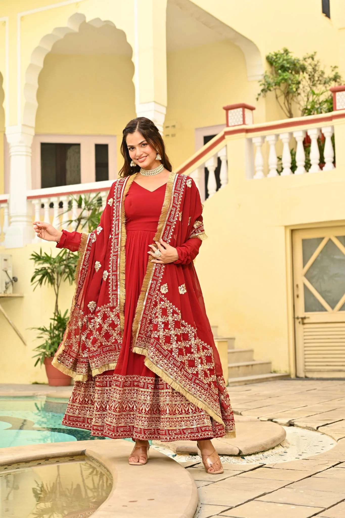 Red Embroidered Wedding Gown With Dupatta - Image 9