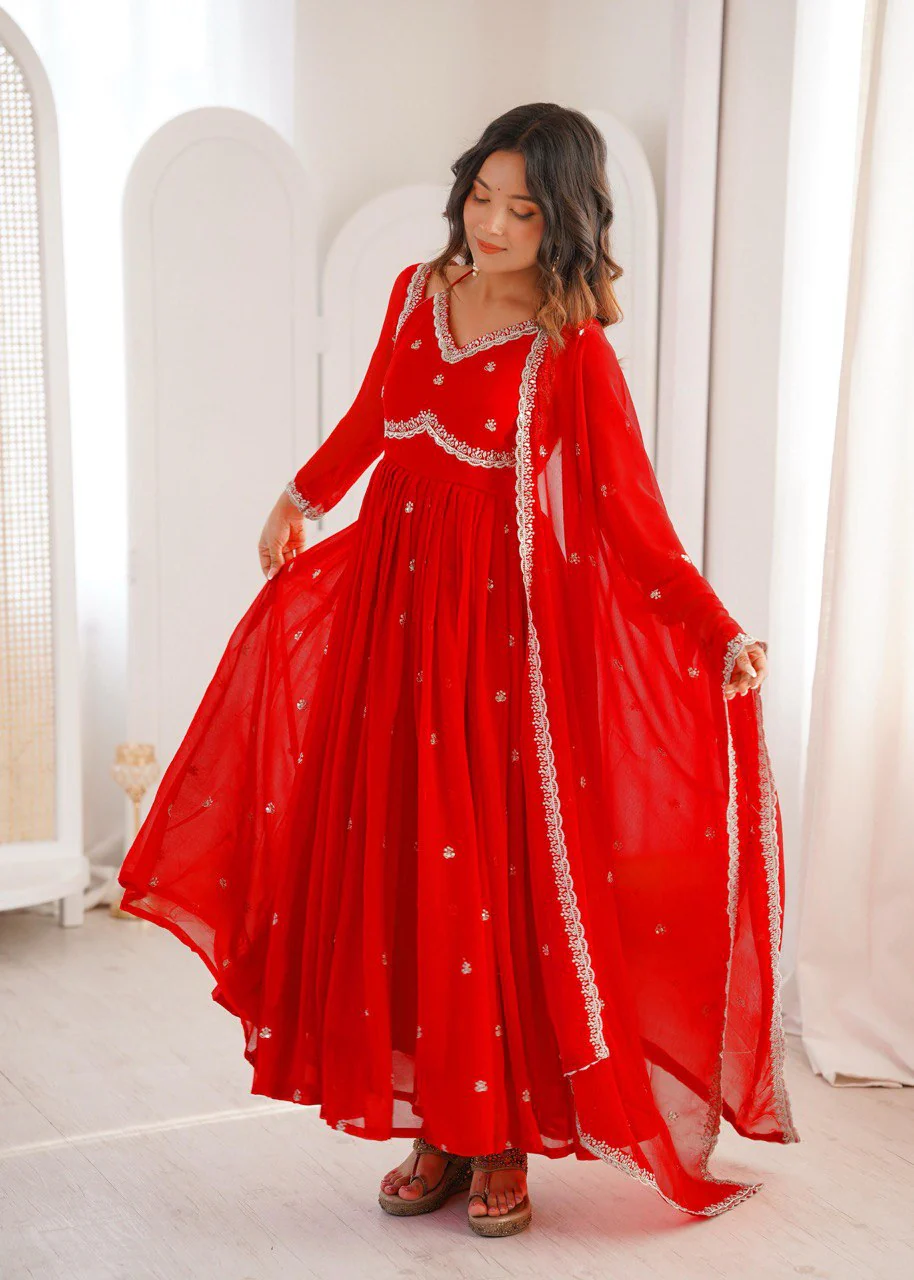 Red Premium Georgette Gown–Pant Set with Embroidered Dupatta - Image 3