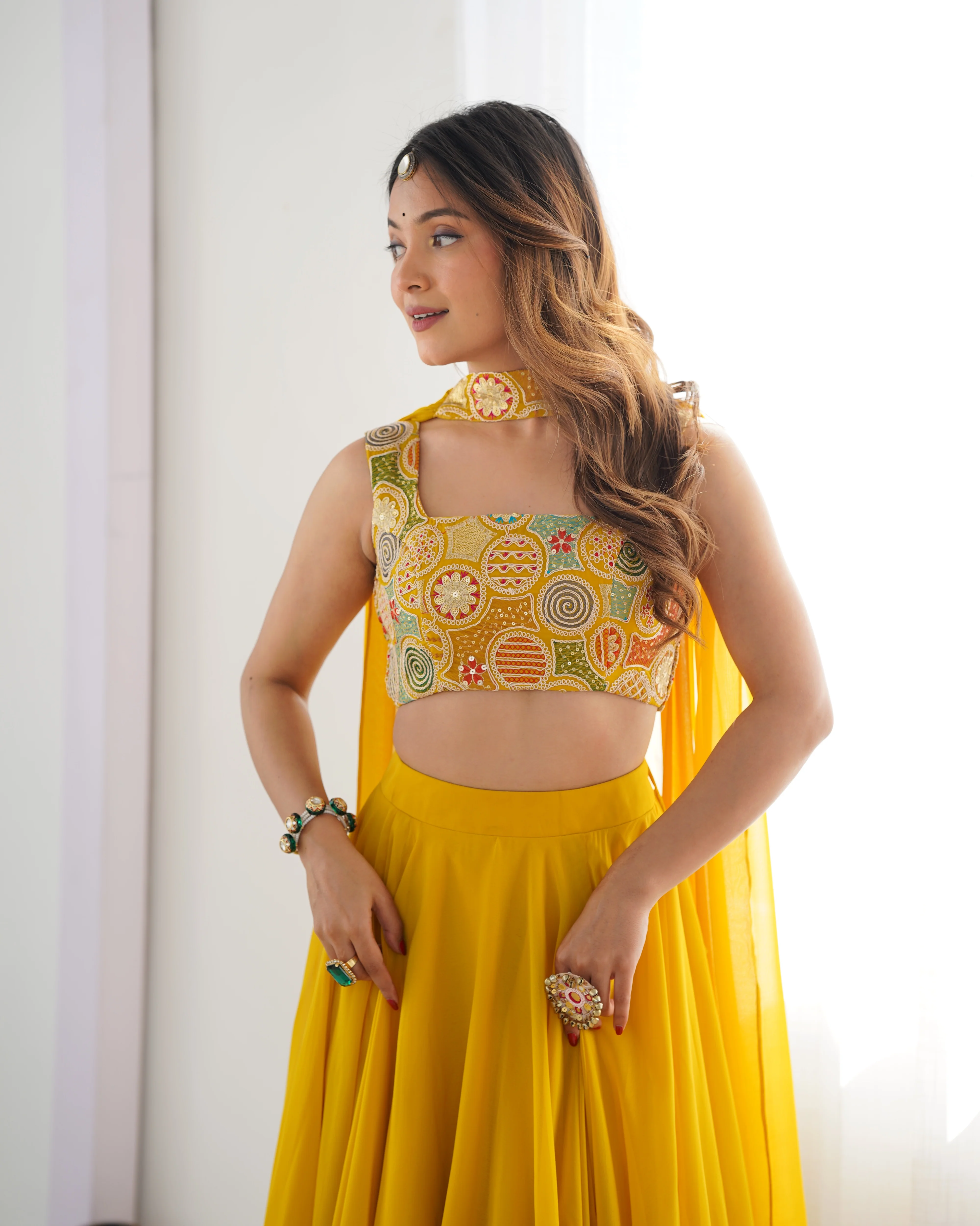 Yellow Pure Soft Fox Georgette Lehenga Set With Huge Flair & Dupatta - Image 3