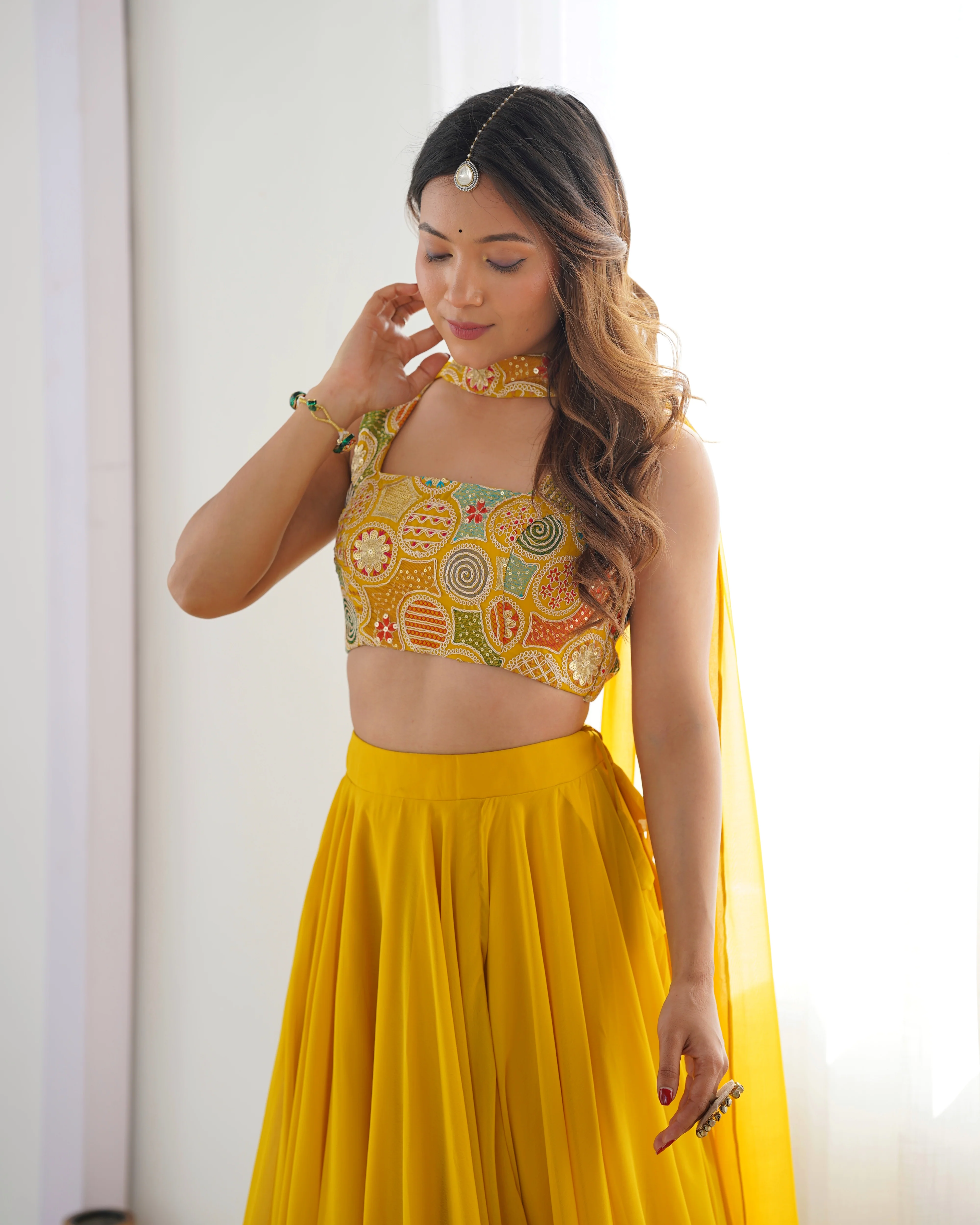 Yellow Pure Soft Fox Georgette Lehenga Set With Huge Flair & Dupatta - Image 4