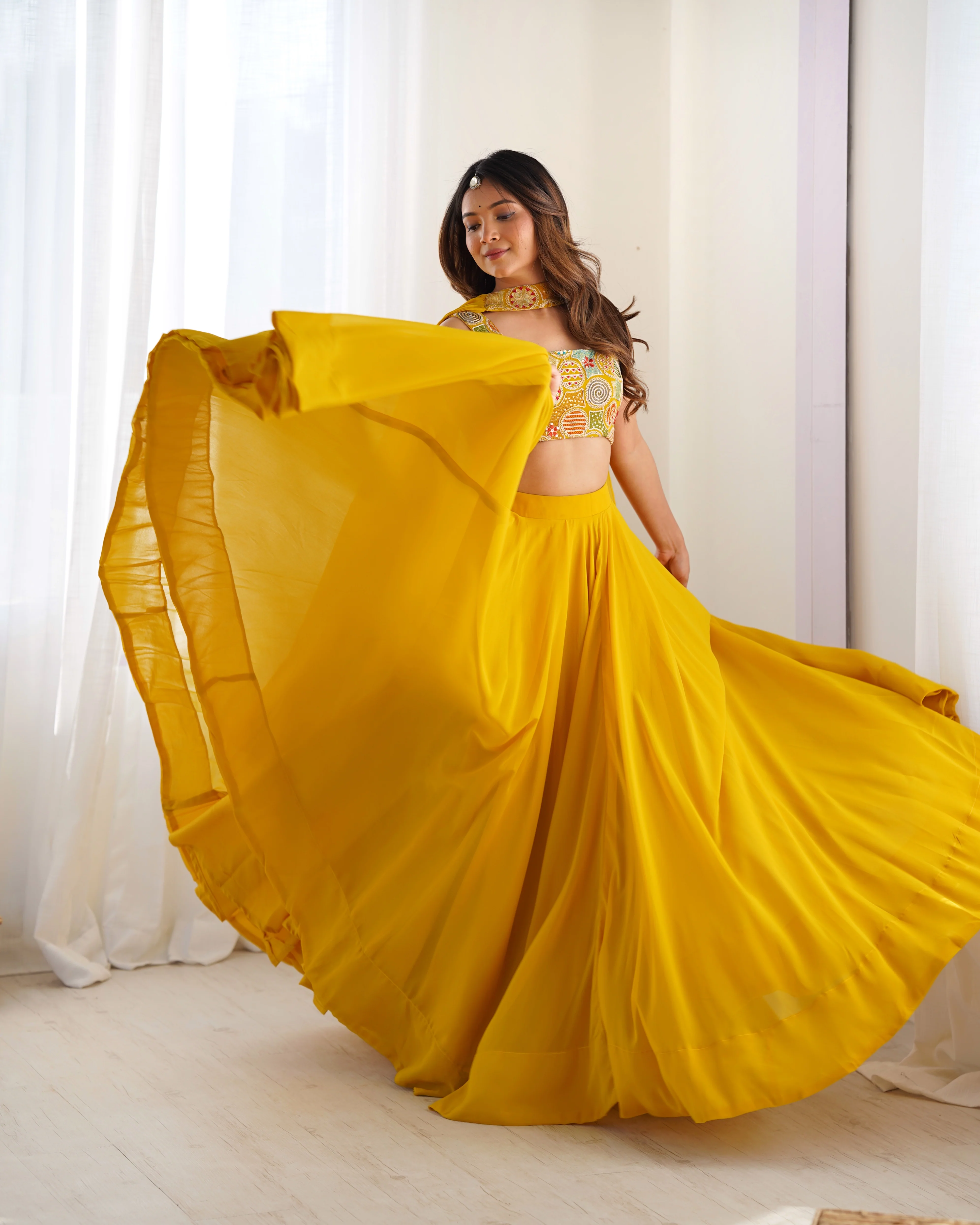 Yellow Pure Soft Fox Georgette Lehenga Set With Huge Flair & Dupatta - Image 5