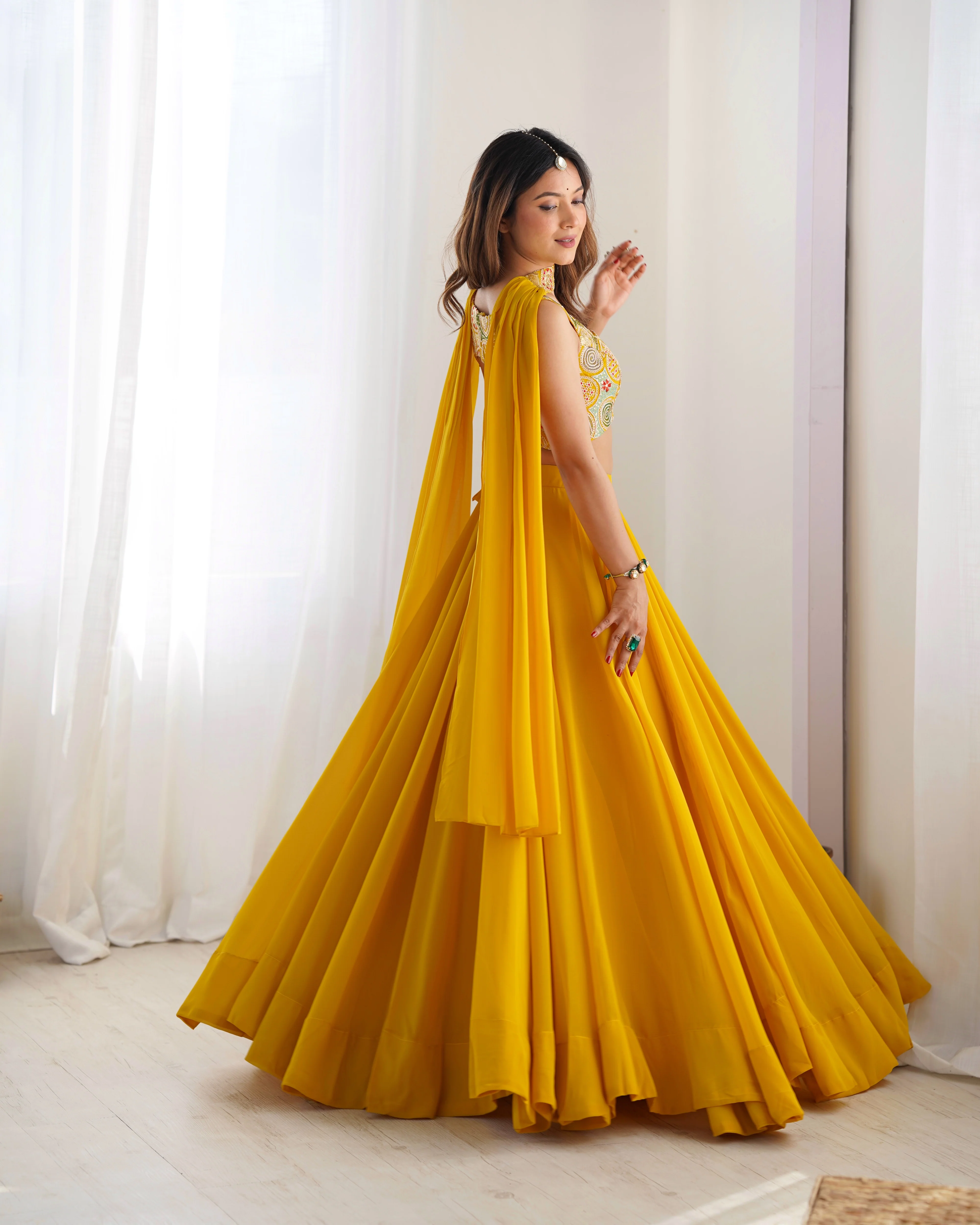 Yellow Pure Soft Fox Georgette Lehenga Set With Huge Flair & Dupatta - Image 6