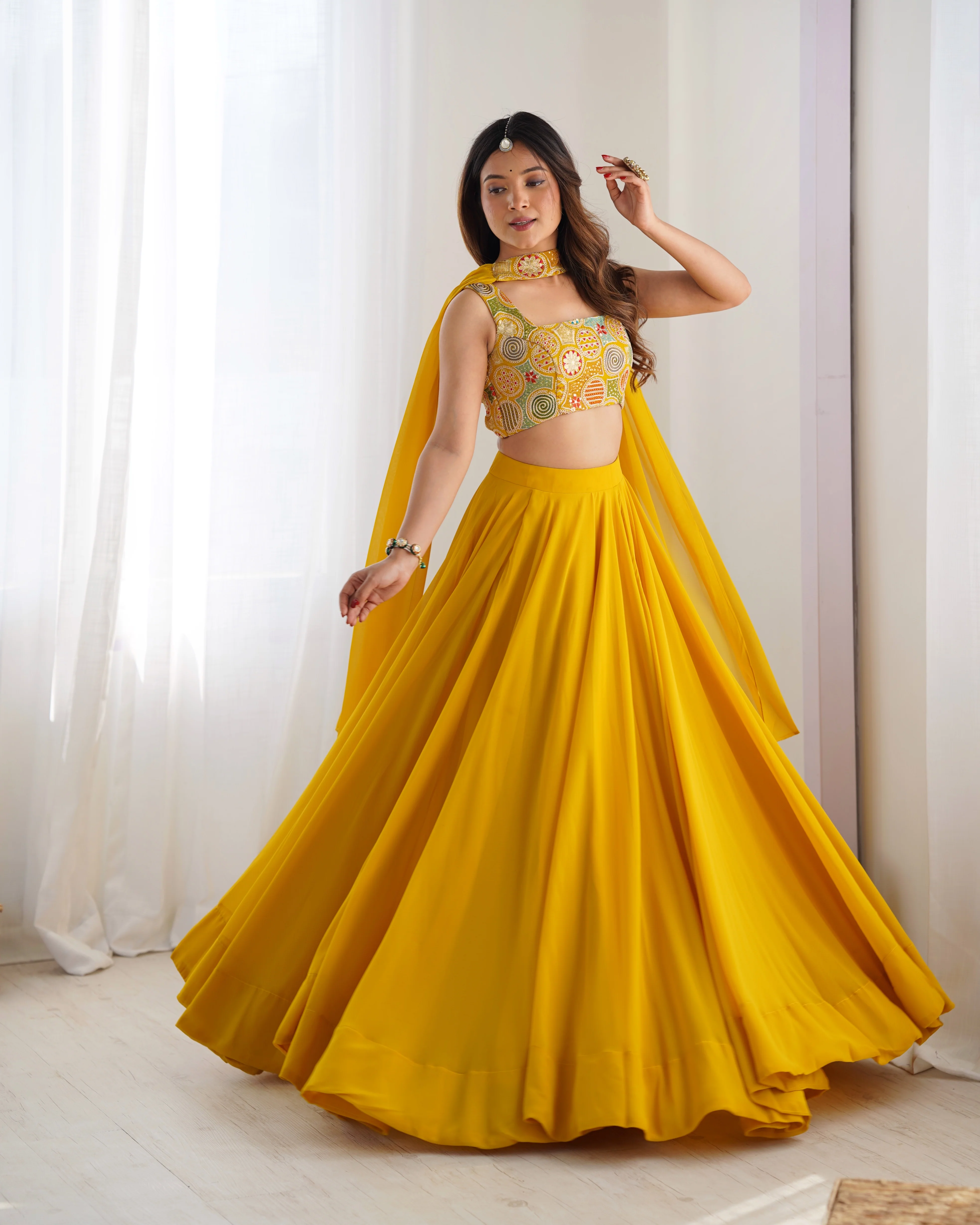 Yellow Pure Soft Fox Georgette Lehenga Set With Huge Flair & Dupatta - Image 7