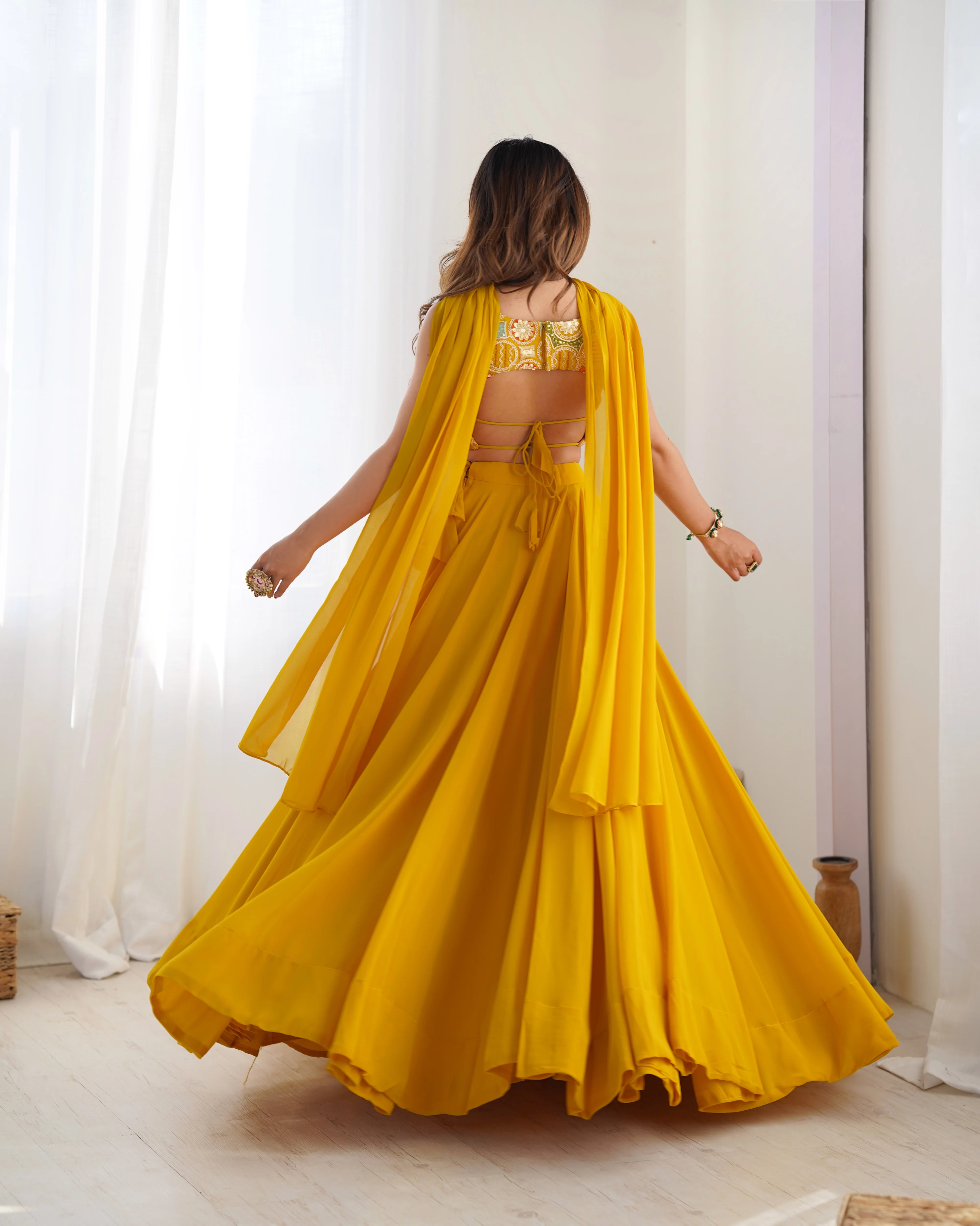 Yellow Pure Soft Fox Georgette Lehenga Set With Huge Flair & Dupatta - Image 8
