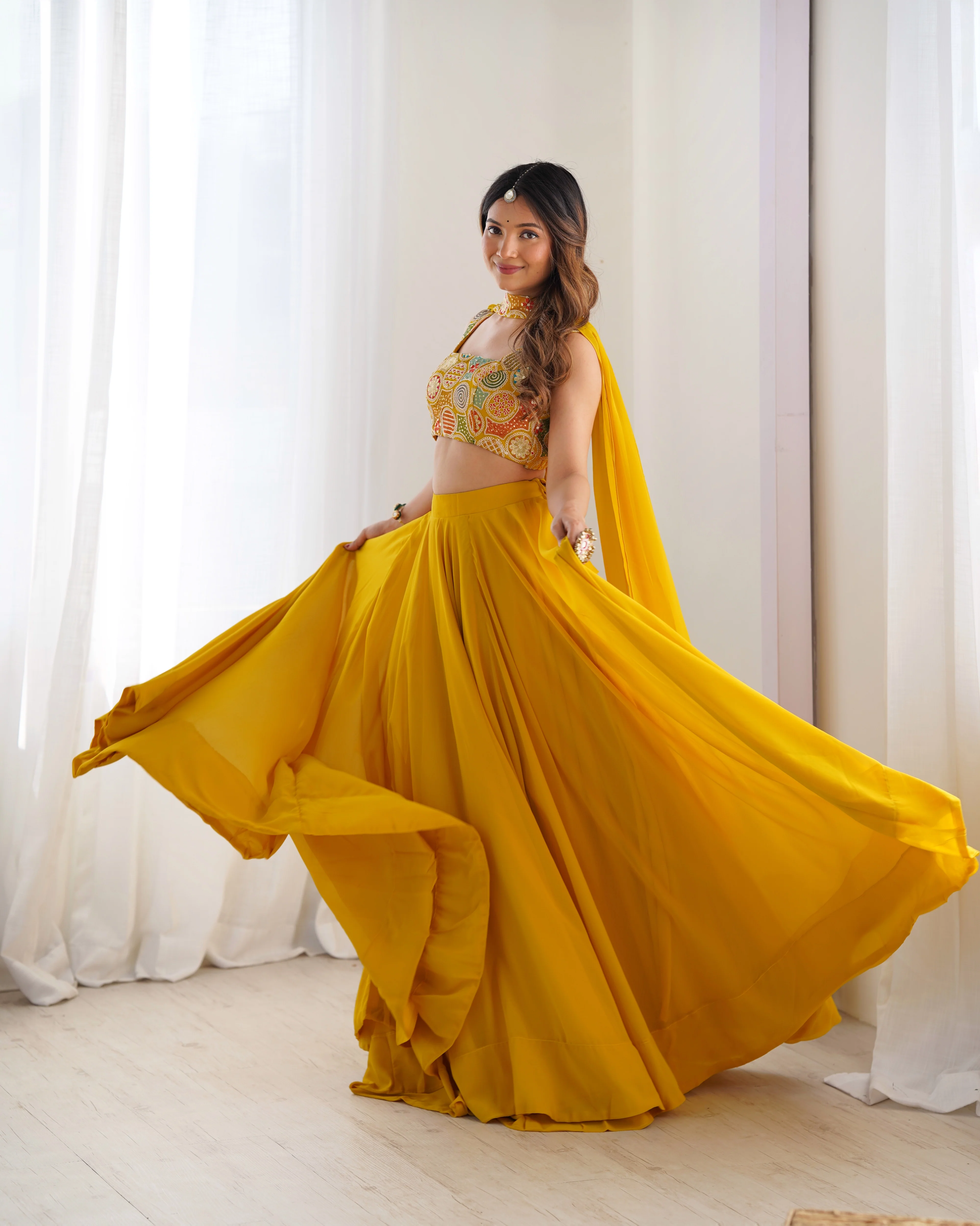 Yellow Pure Soft Fox Georgette Lehenga Set With Huge Flair & Dupatta - Image 9