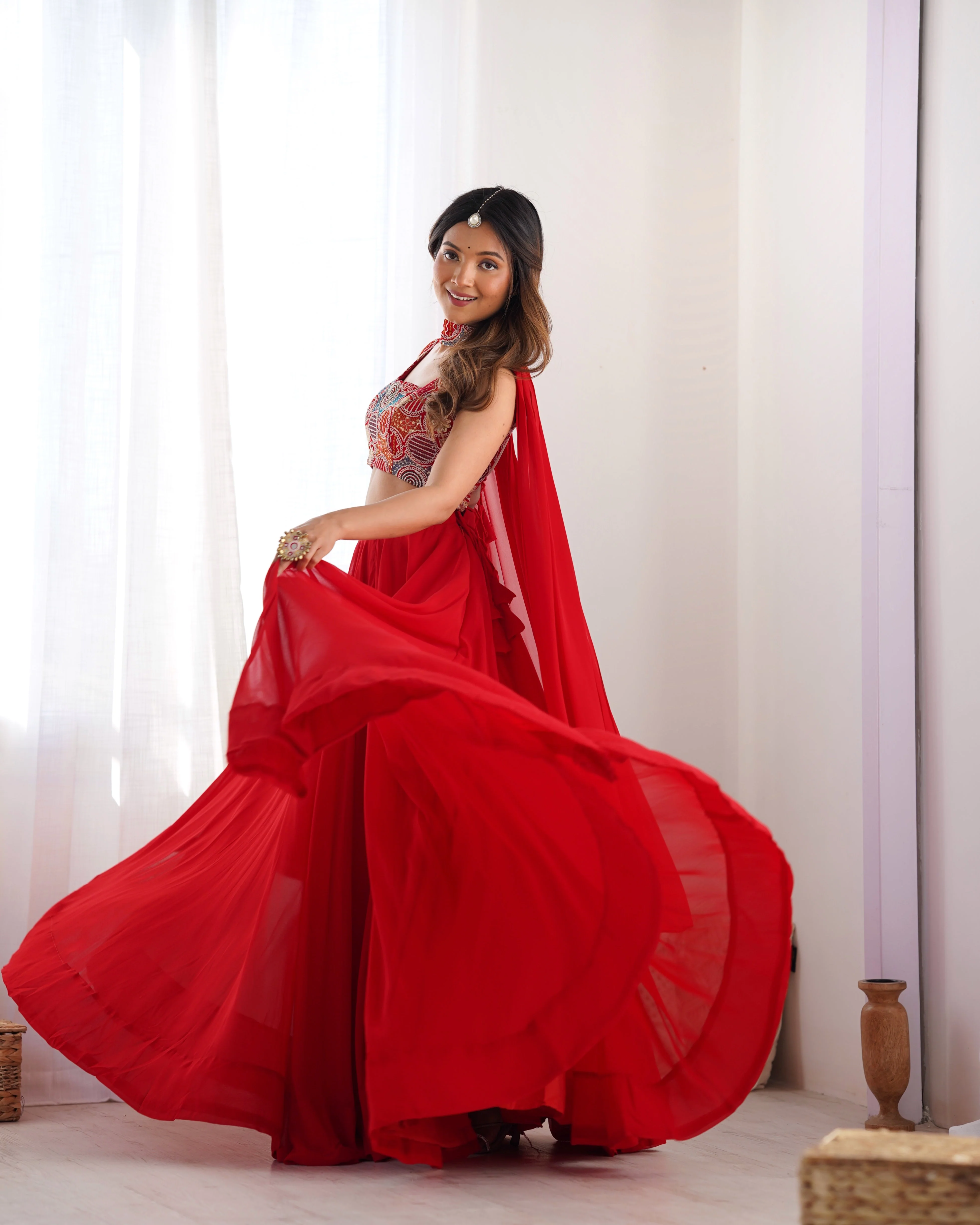 Red Pure Soft Fox Georgette Lehenga Set With Huge Flair & Dupatta - Image 10