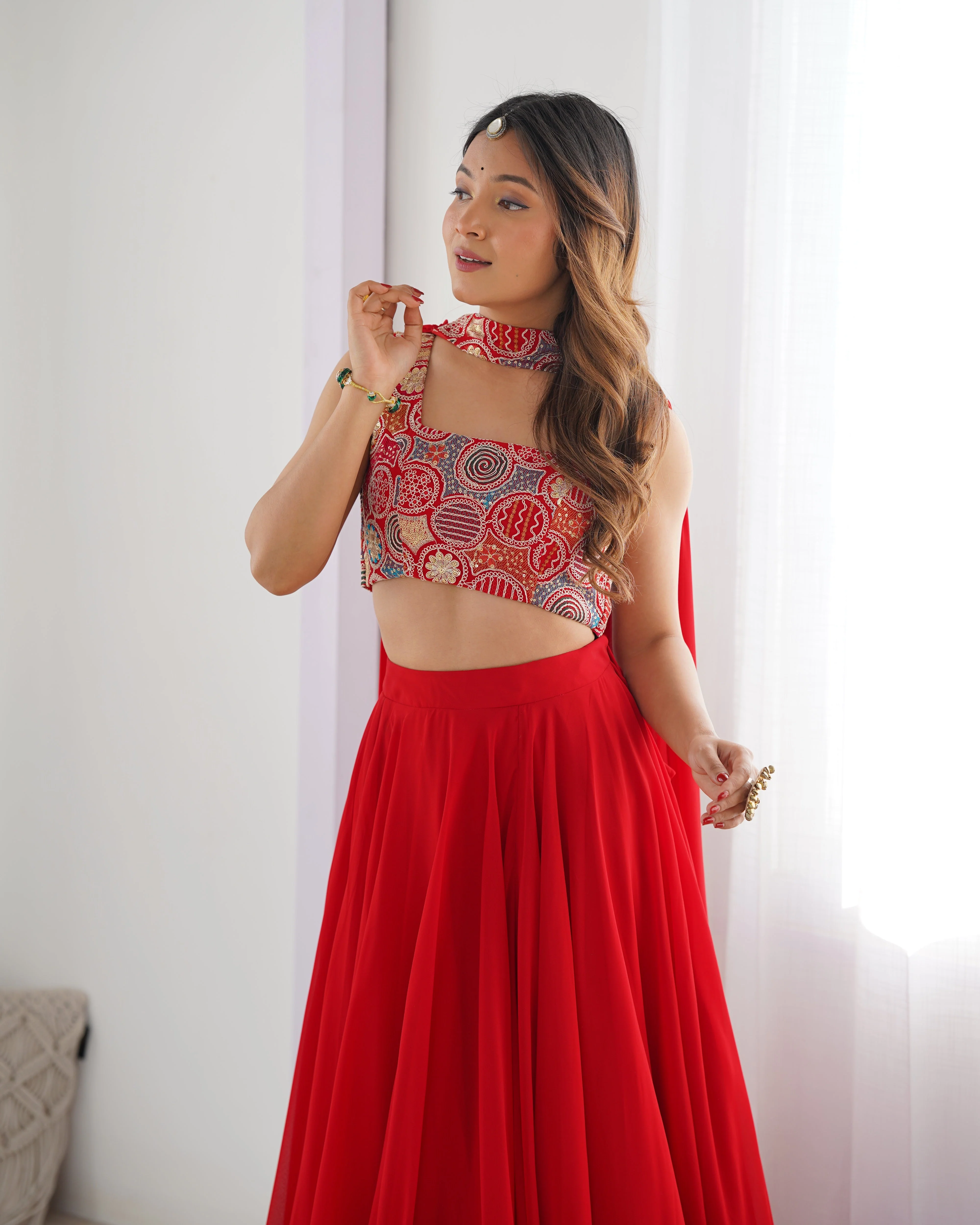 Red Pure Soft Fox Georgette Lehenga Set With Huge Flair & Dupatta - Image 3