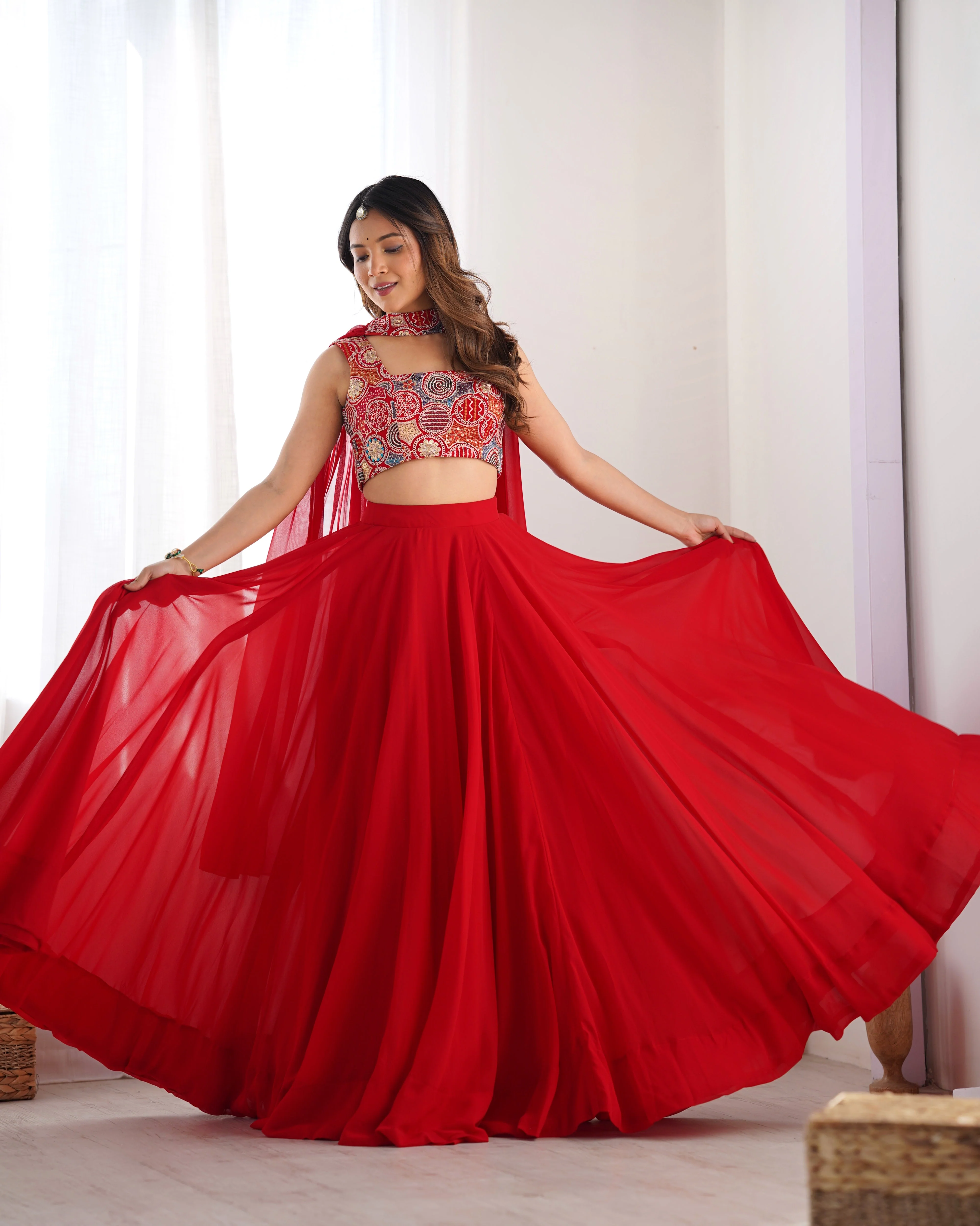 Red Pure Soft Fox Georgette Lehenga Set With Huge Flair & Dupatta - Image 4