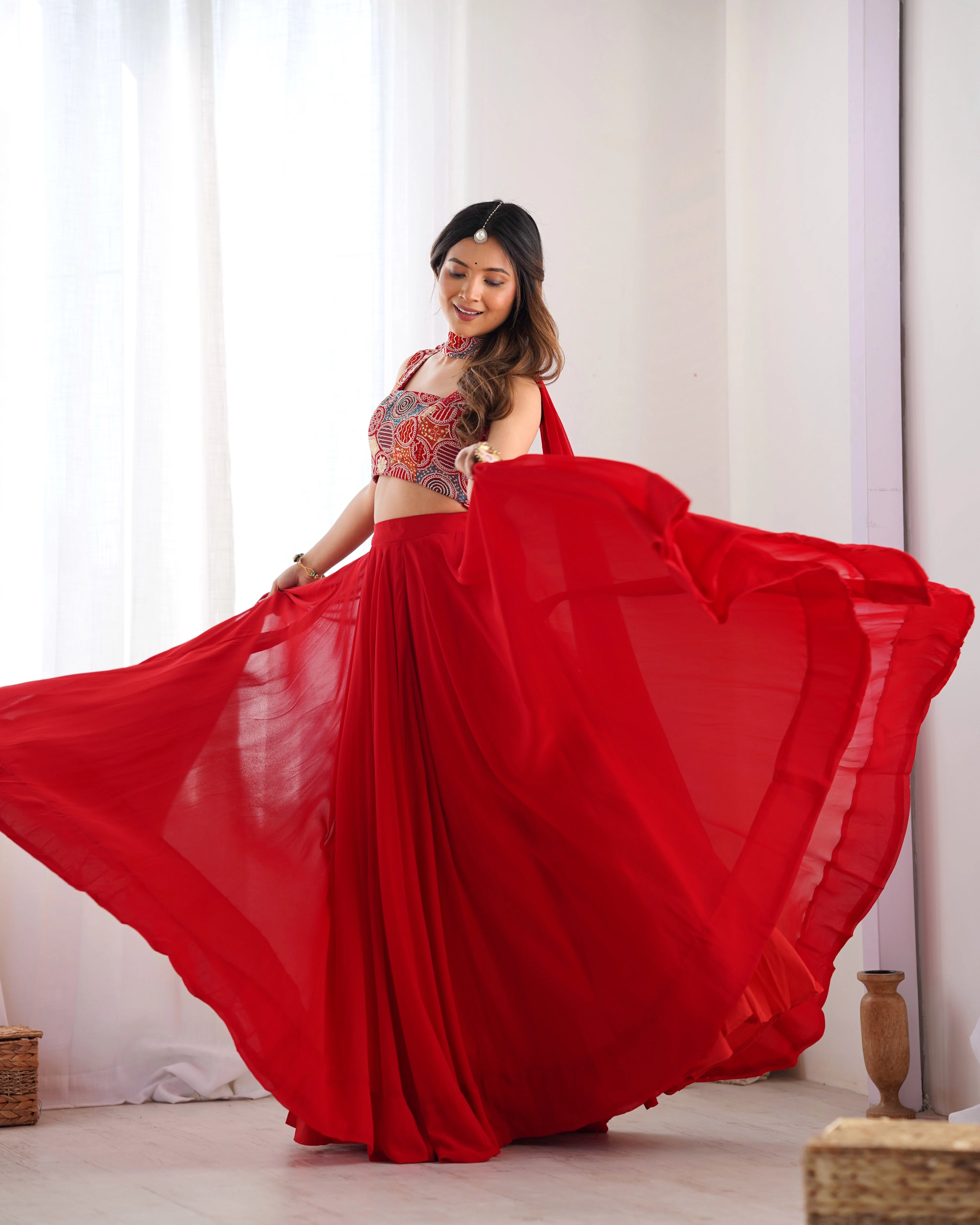 Red Pure Soft Fox Georgette Lehenga Set With Huge Flair & Dupatta - Image 5