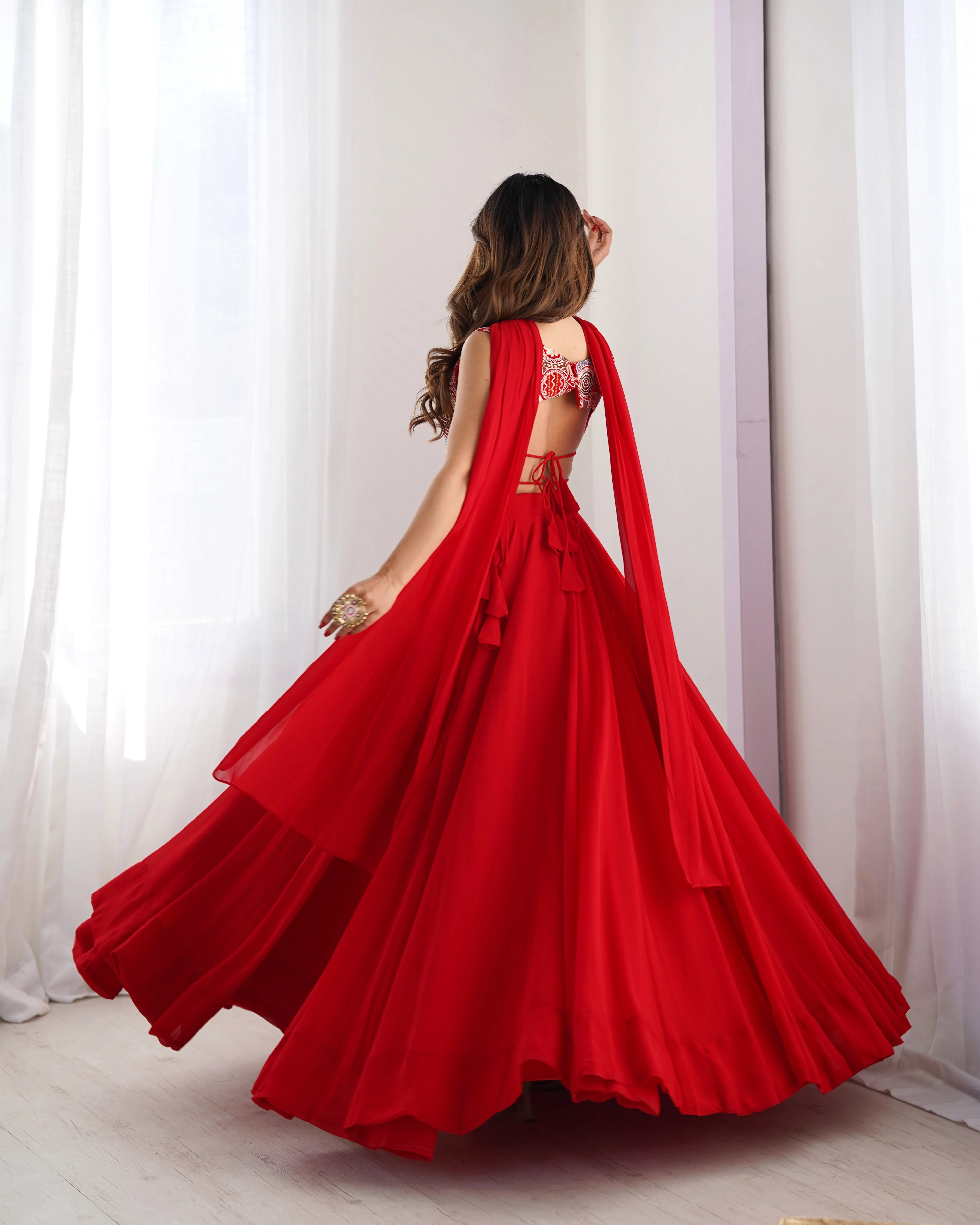 Red Pure Soft Fox Georgette Lehenga Set With Huge Flair & Dupatta - Image 6
